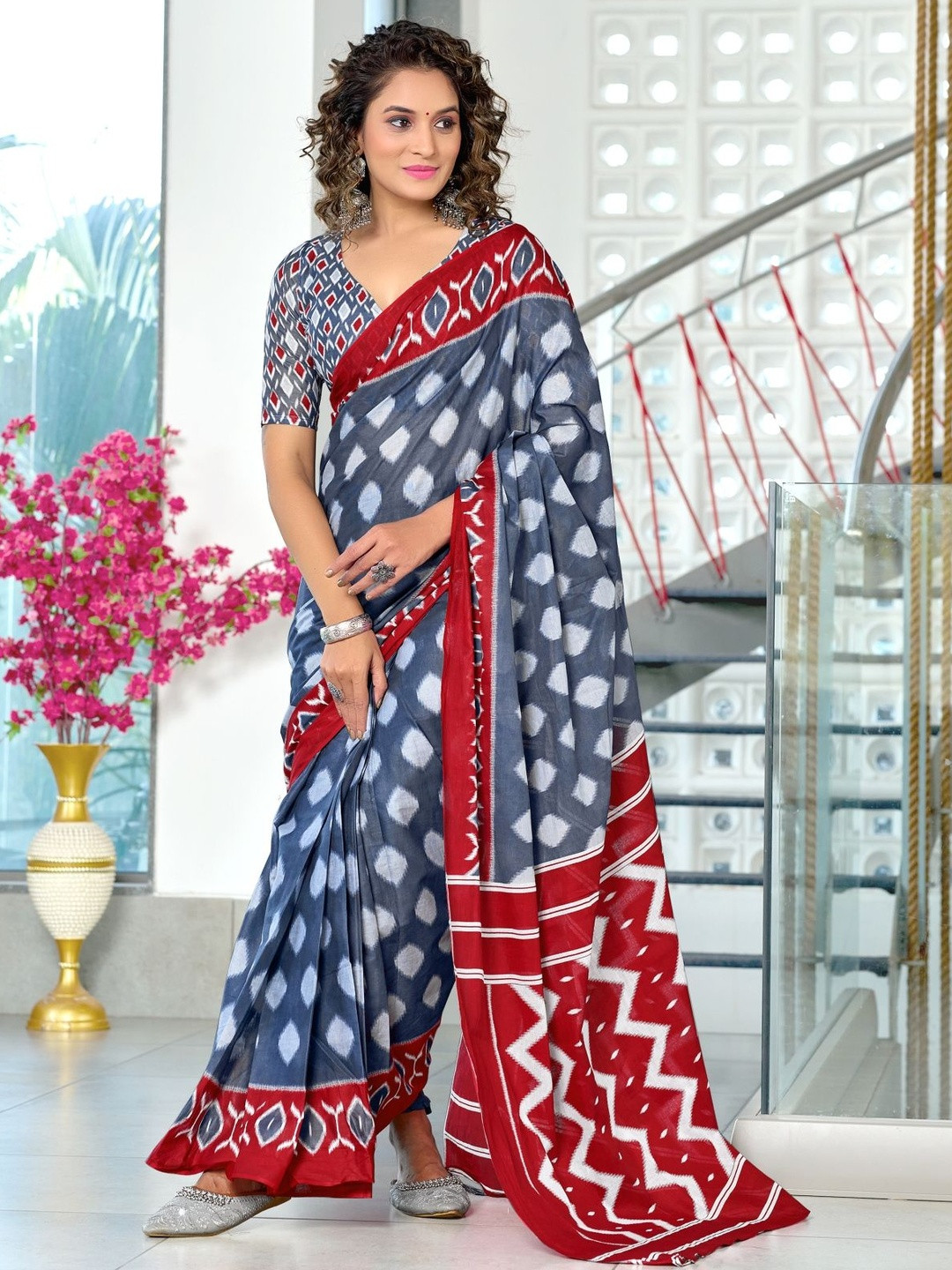 NIKATT MALHARI Pure Cotton Block Print Saree With Blouse Piece