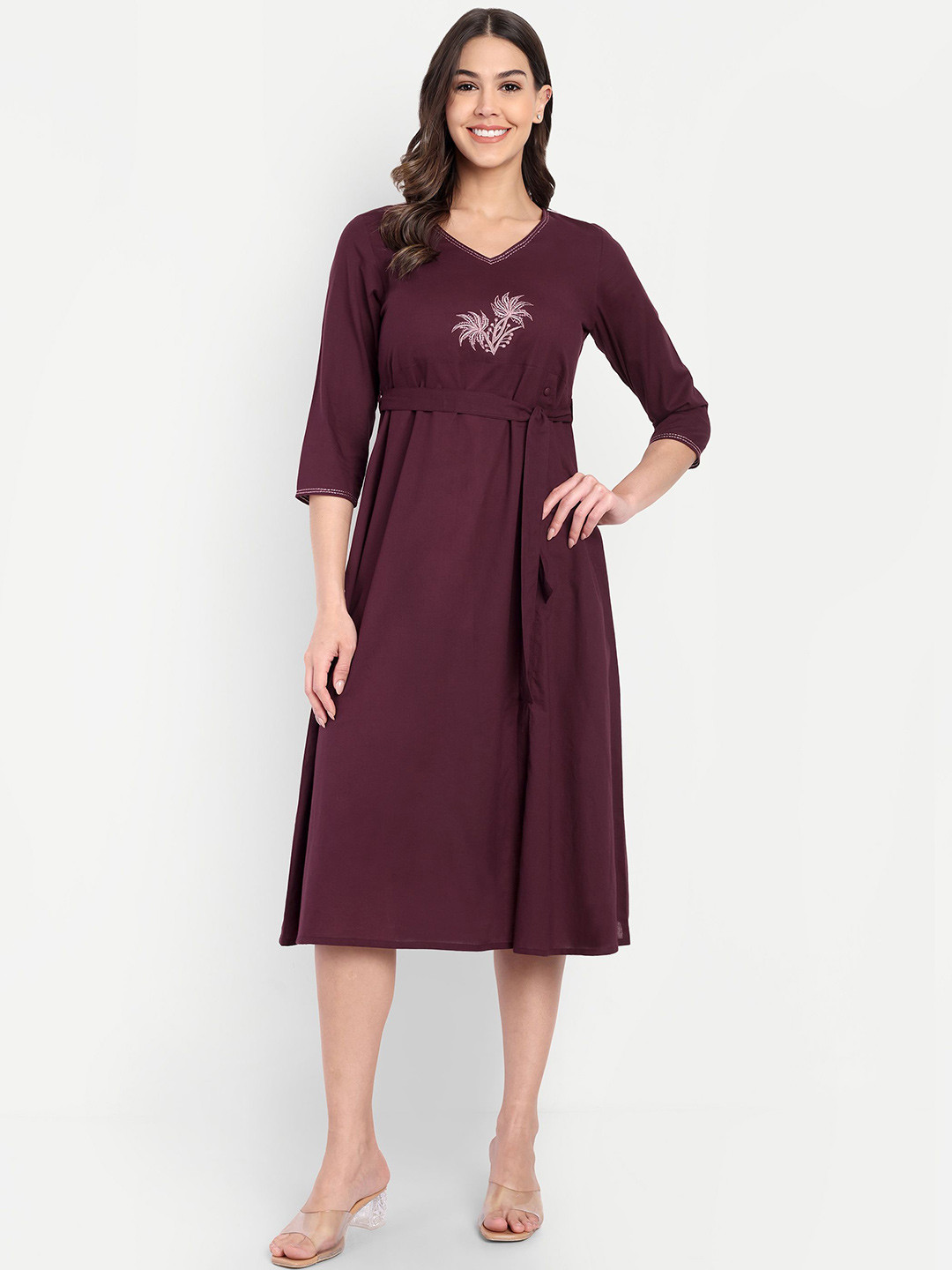 RAISHREE Women A-Line Embroidered Cotton Dress With Belt