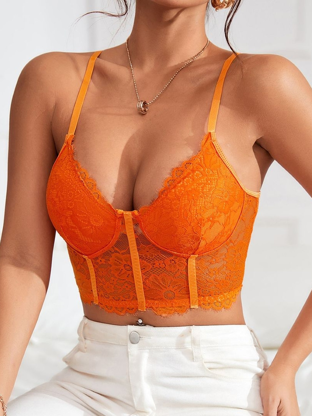 StyleCast Orange Floral Lace Crop Top with Sweetheart Neck