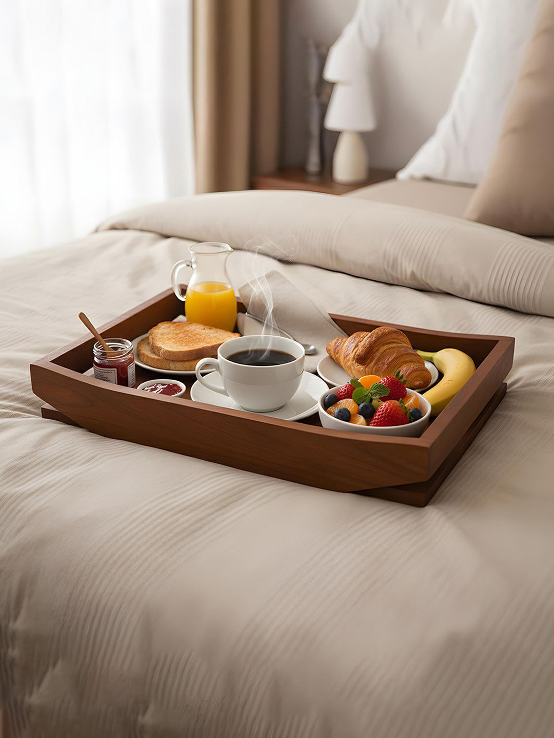 Kuber Industries Brown Multipurpose Boat Shaped Wooden Serving Tray