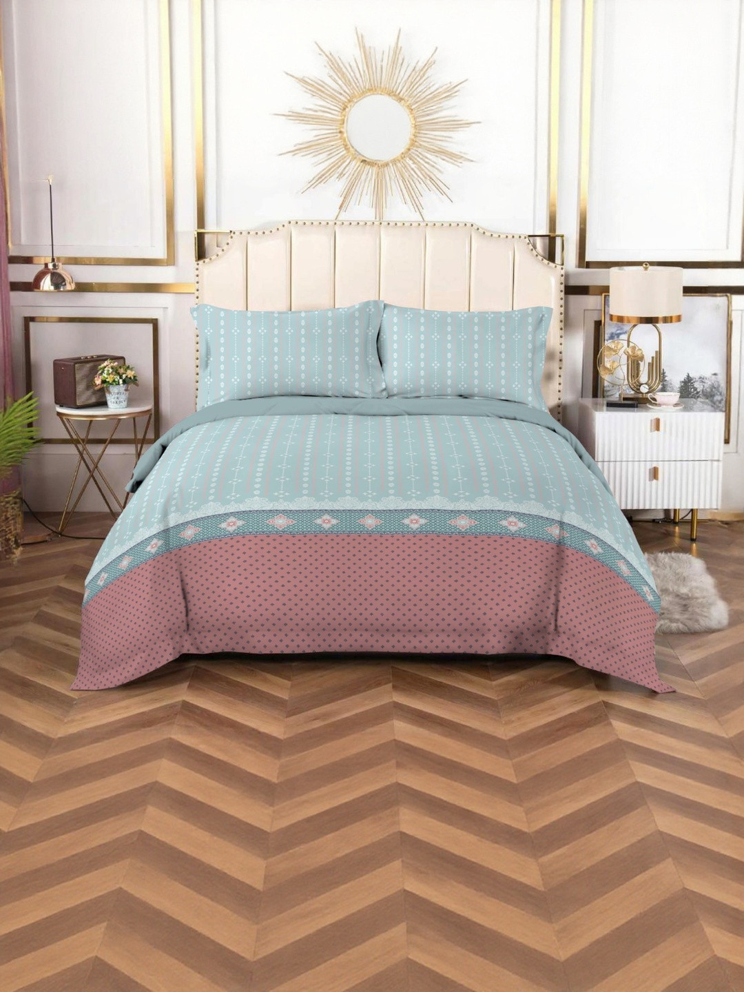 BOMBAY DYEING Blue Floral Cotton 210 TC Super King Bedsheet Set 88'' x 96''