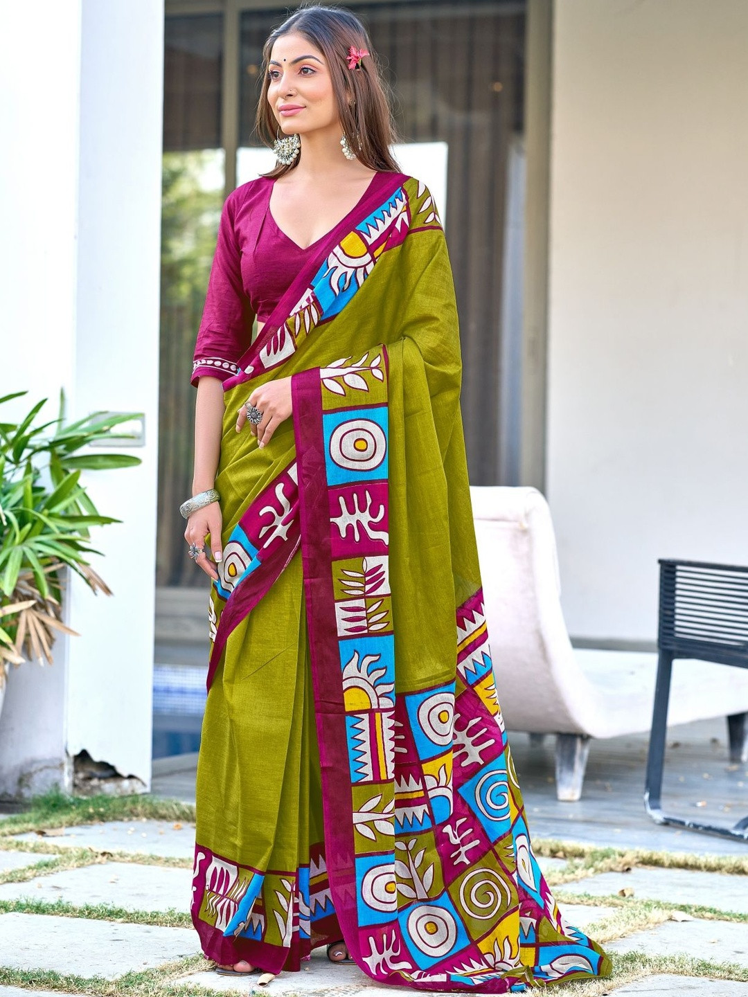 NIKATT PRISA Pure Cotton Block Print Saree With Blouse Piece