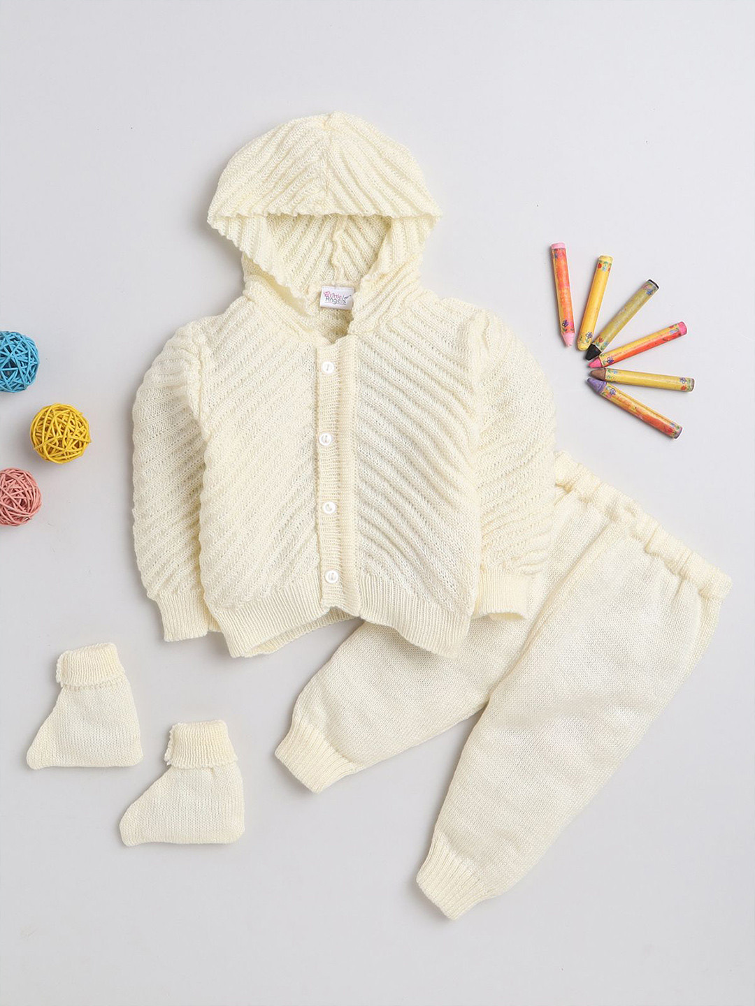 Little Angels Unisex Baby Striped Hooded Woollen Cardigan Sweaters with Pant,Cap&Socks Set