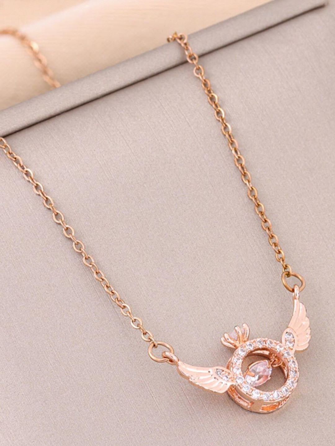 Zaphariq Rose Gold-Plated Cubic Zirconia Studded Angel Wings Moving Crystal Necklace