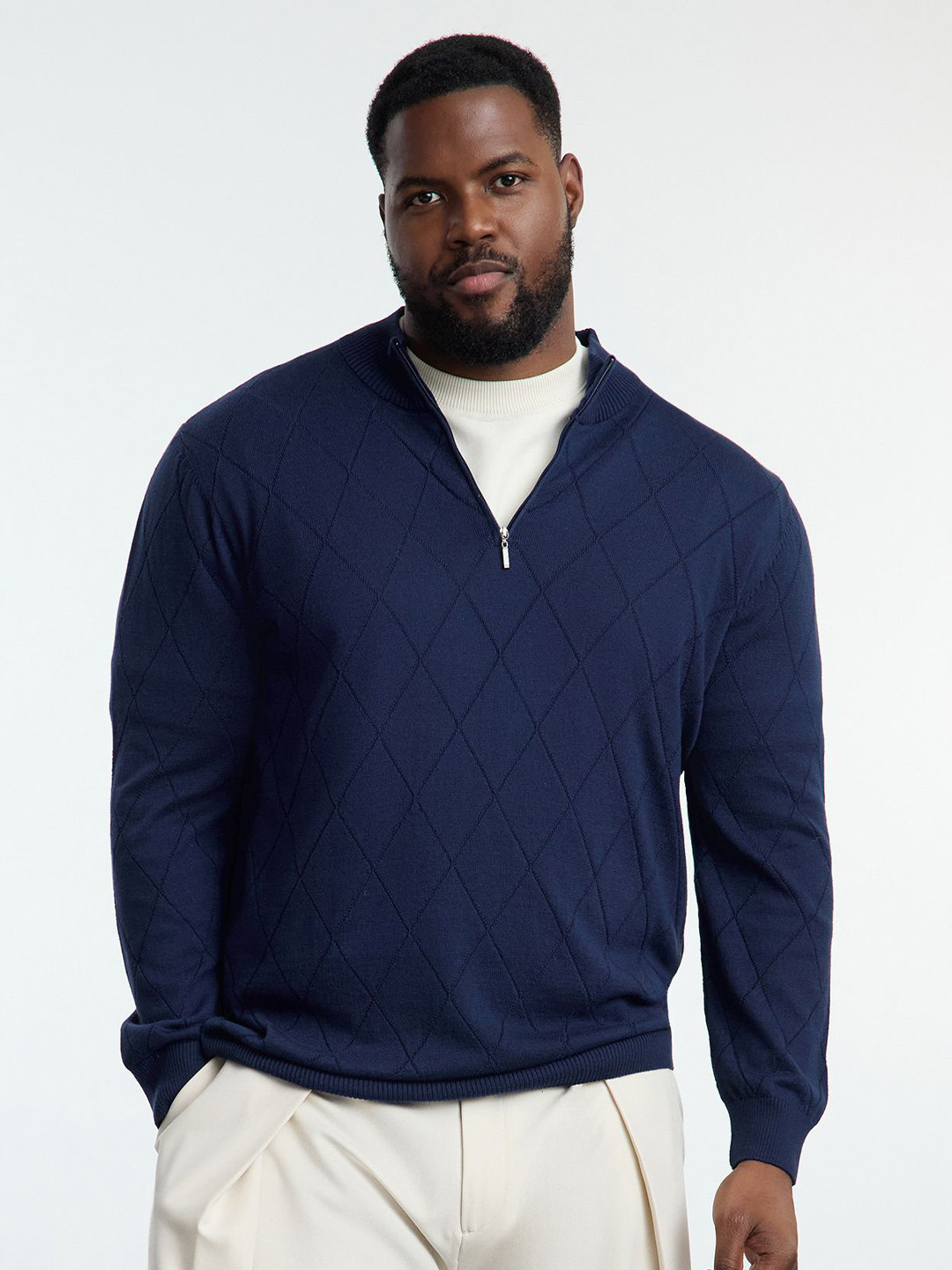 Trendyol Men Argyle Printed Mock Collar Long Sleeve Pullover Sweater
