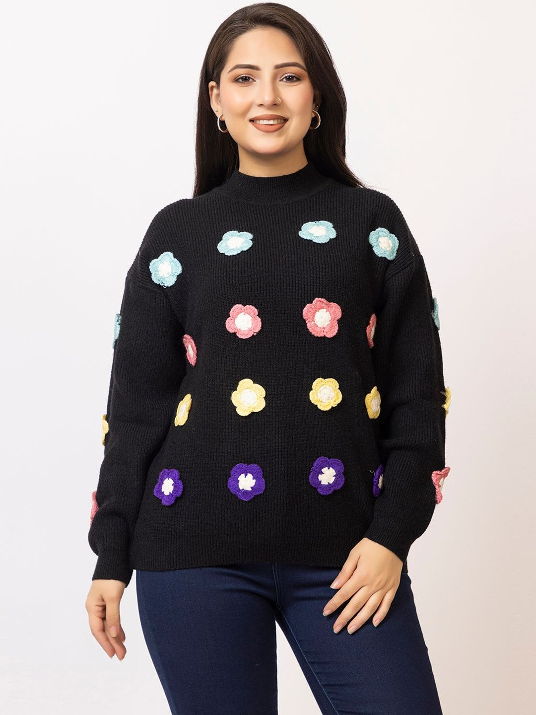 LASOON Floral Embroidered Applique Woollen Tweed Top