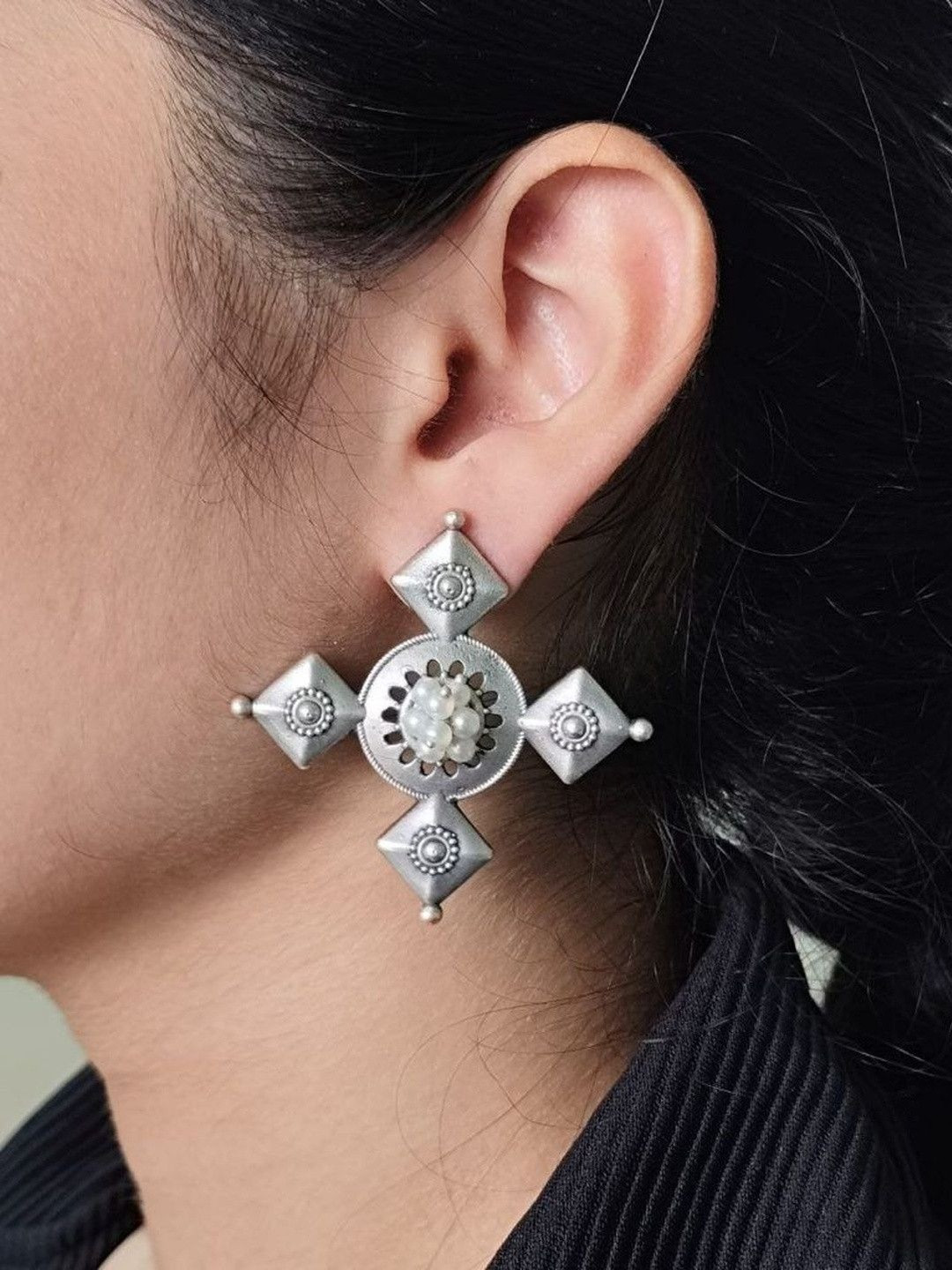 Hardin Style German Silver-Plated Pearls Studded Geometric Oxidised Drop Earrings