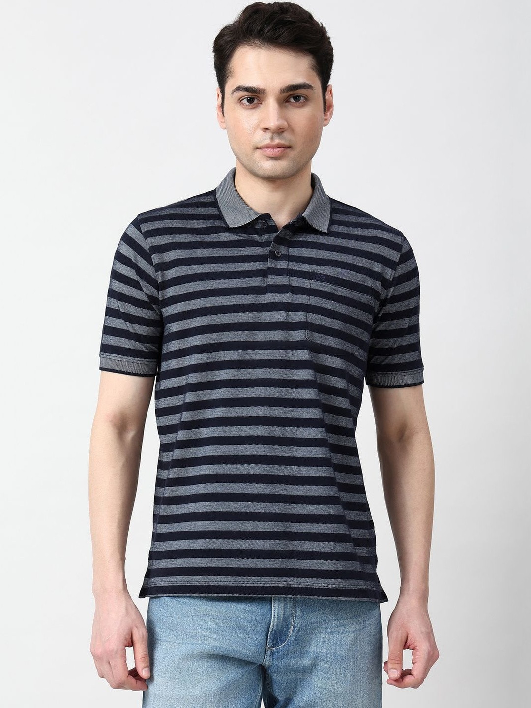 Peter England Men Striped Polo Collar Slim Fit T-shirt