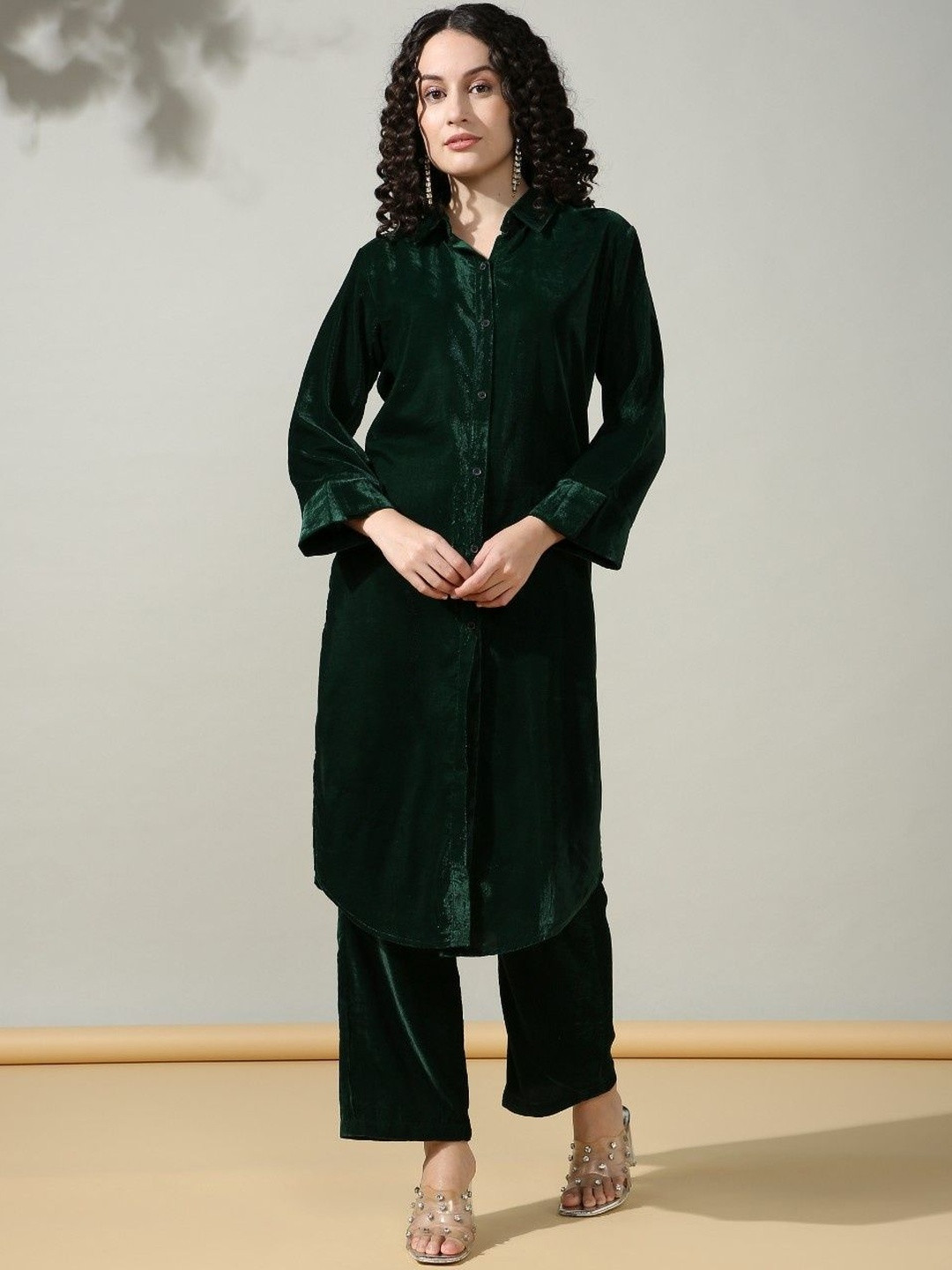 House of Kaftan Velvet Shirt Collar Long Tunic With Trouser