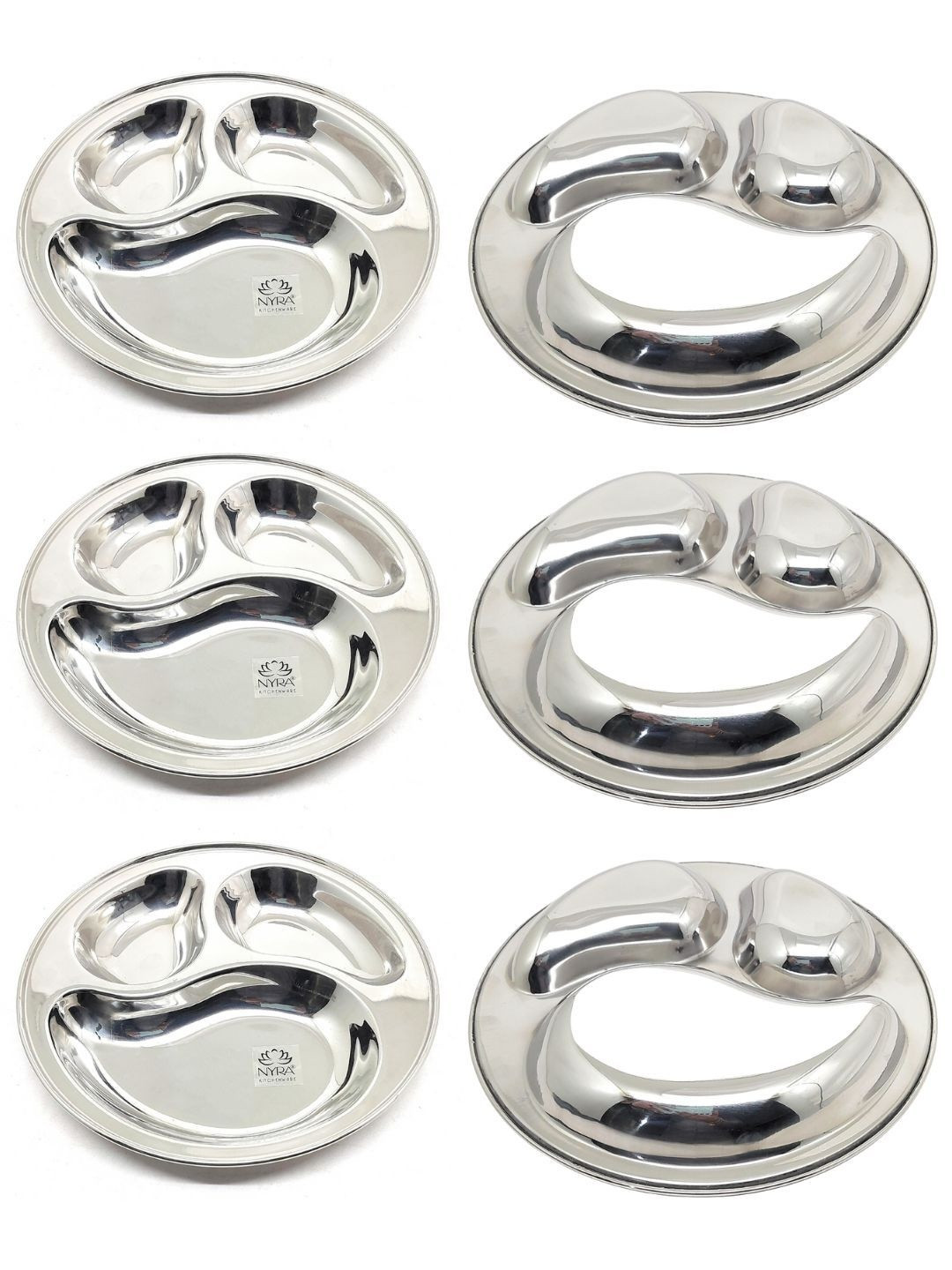 Nyra Kitchenware Steel 6 Pieces Stainless Steel Dishwasher Safe 3-Compartment Plates