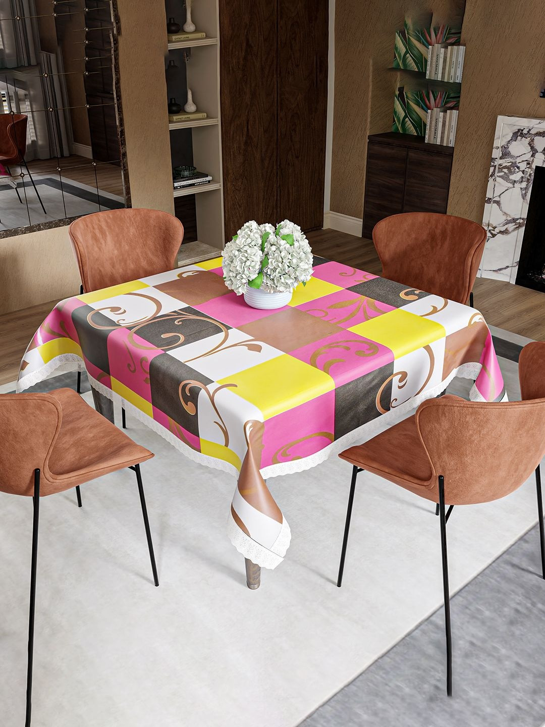 Aura Yellow & White Geometric Printed 4-Seater Square Table Cover
