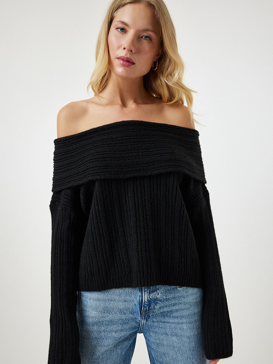 Happiness istanbul Siyah Women Ribbed Off-Shoulder Long Sleeves Pullover
