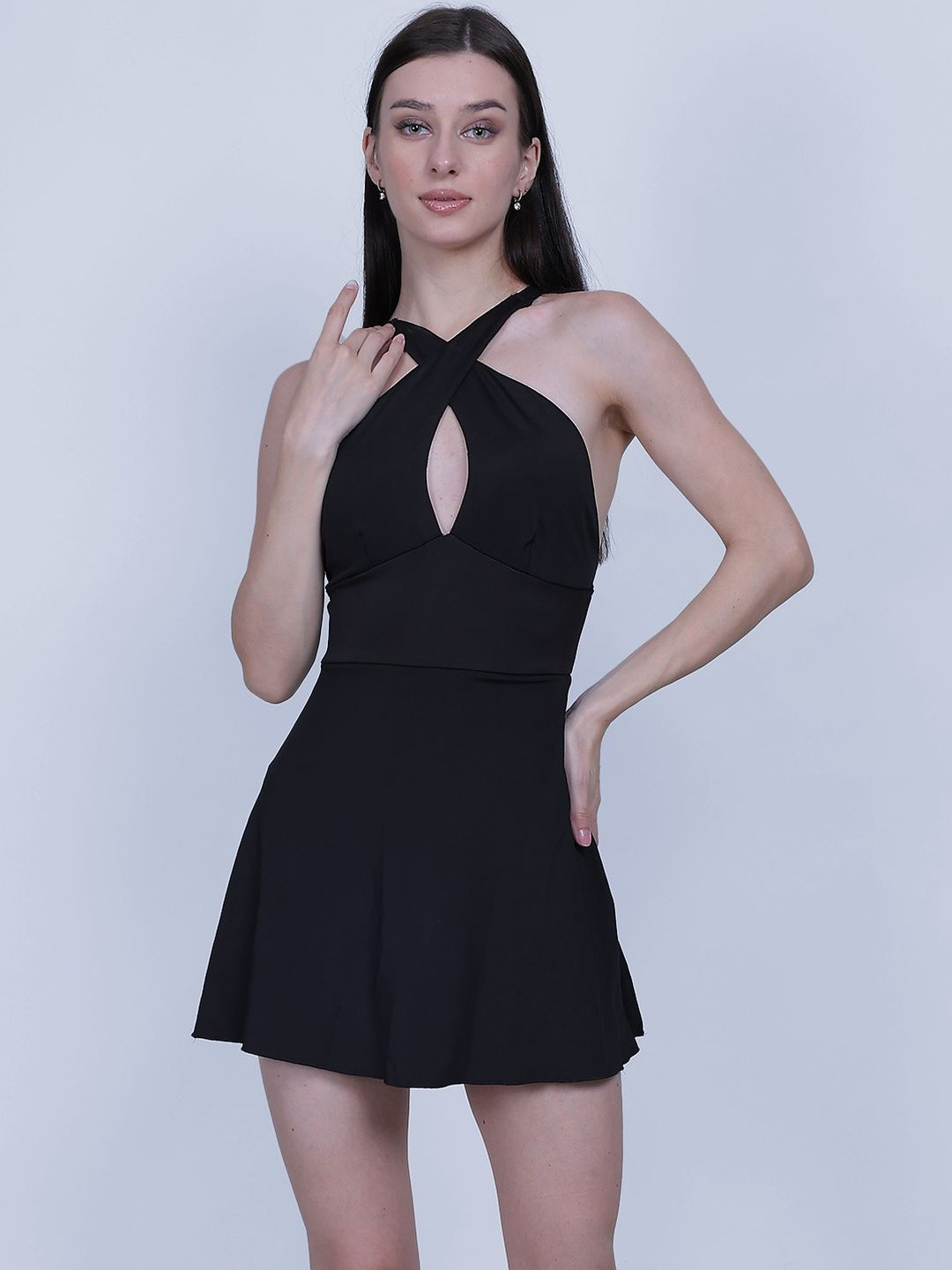 MEGASKA Women Solid Cross Front Padded Halter Neck Swimwear With Attached Shorts