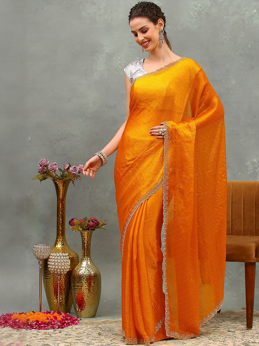 Meena Bazaar Solid Embellished Zari Saree With Blouse Piece