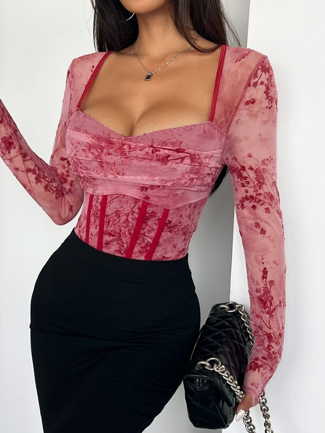 StyleCast Women Floral Printed Sweetheart Neck Long Sleeve Tube Top