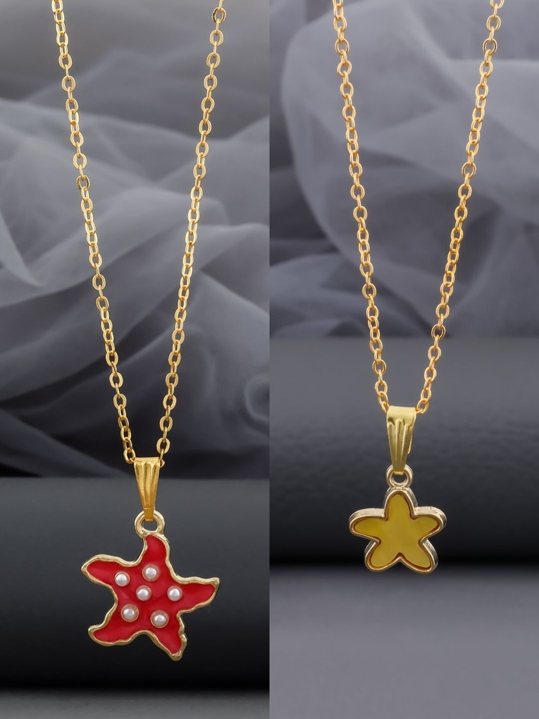 SZN Set Of 2 Stainless Steel Gold-Plated Dolphin Shaped Enamelled Pendants With Chains