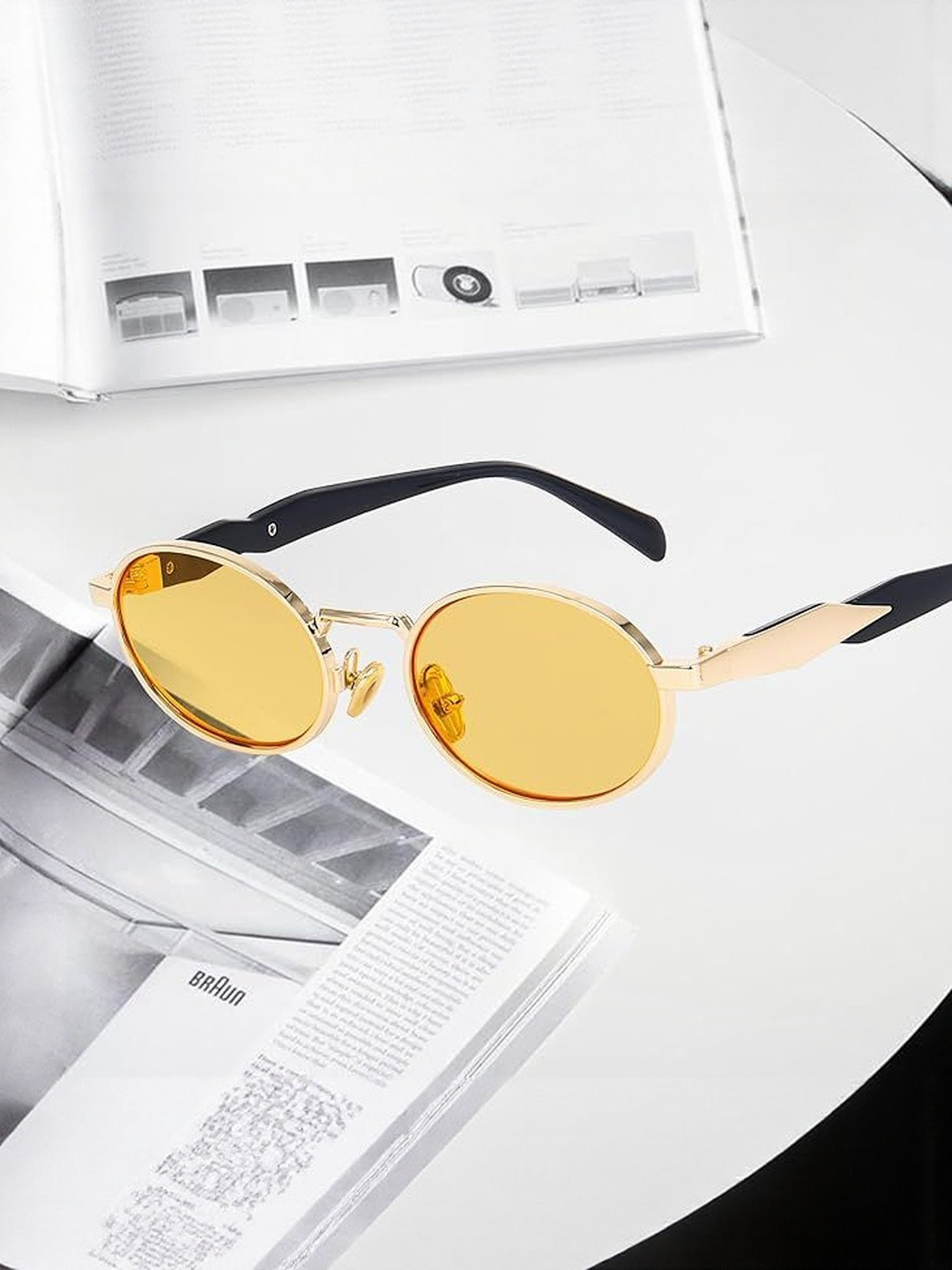 Arzonai Unisex Oval Sunglasses MA-11211-BLACK-YELLOW-F