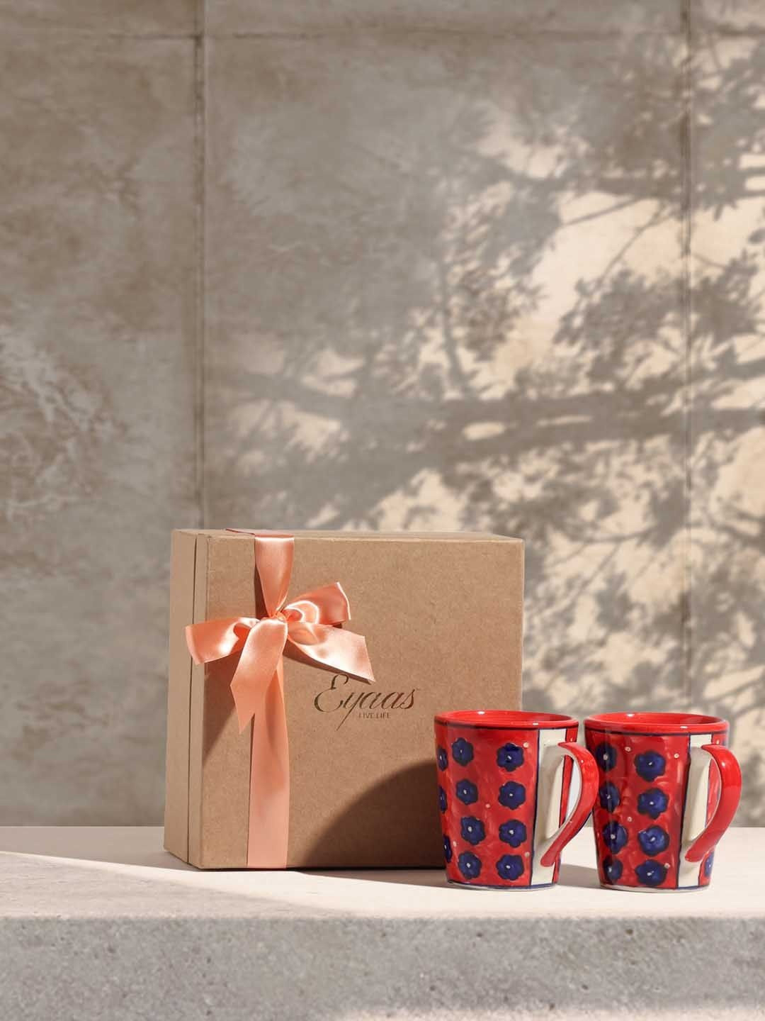 Eyaas Pack of 2 Blue & Red Floral Hand-Painted Ceramic  Mugs - 300 Ml Gift Sets
