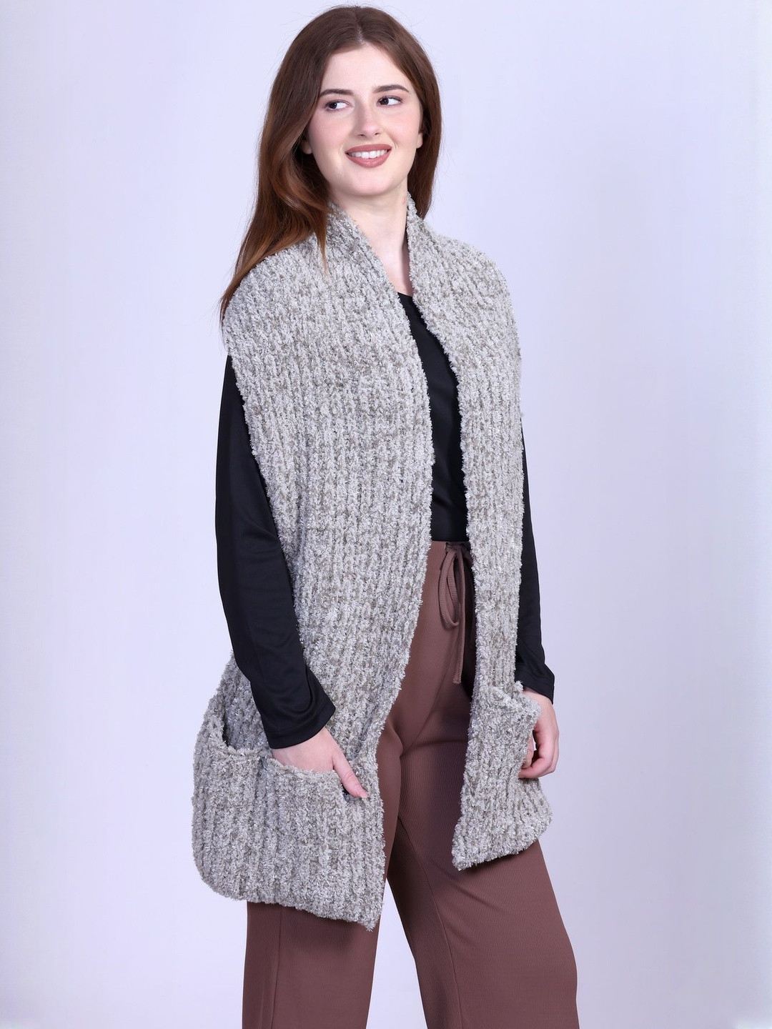 513 Women Striped Woolen Muffler Scarf Stole With Pockets