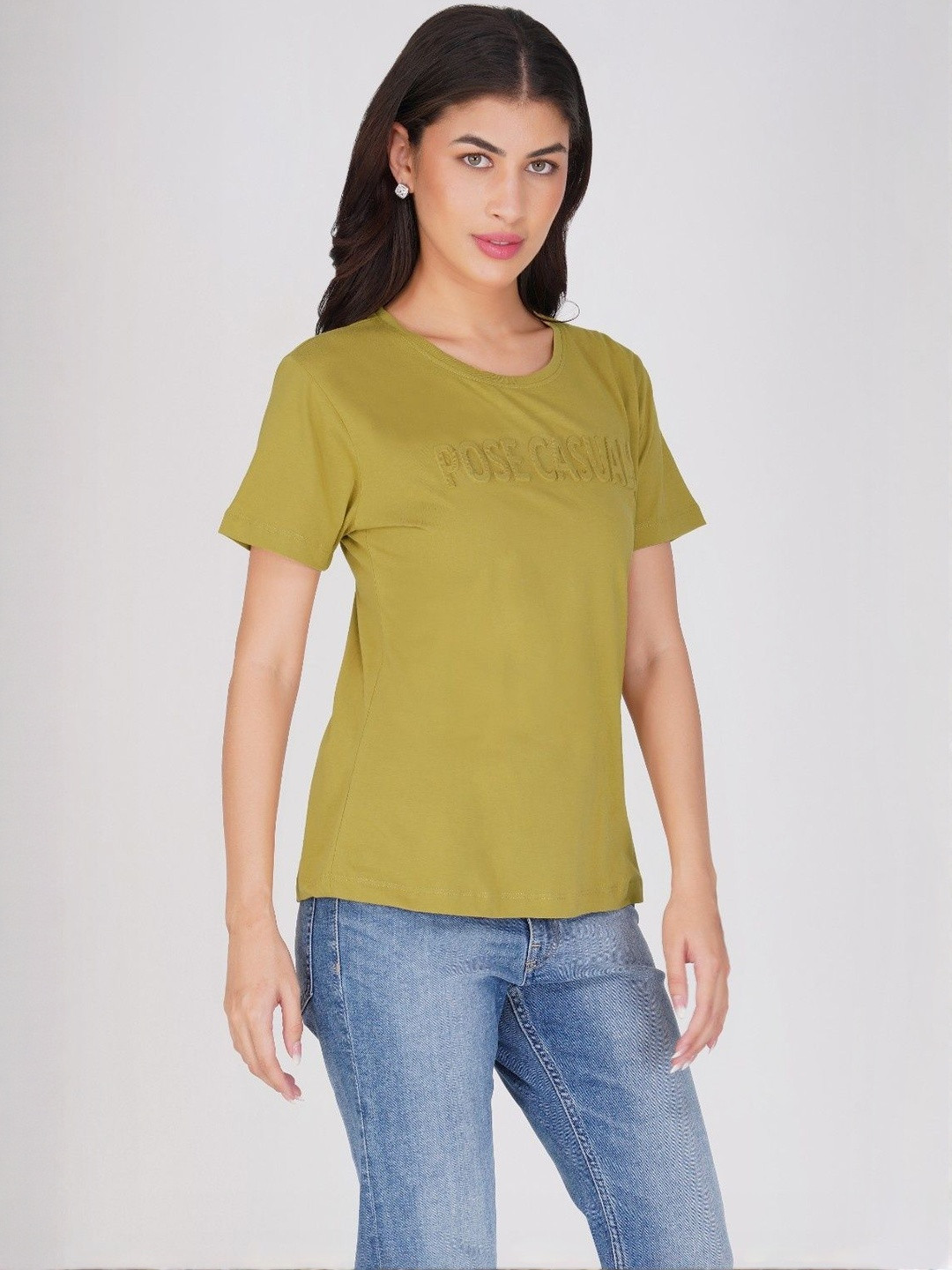 POSE CASUALS Typography Self Design Round Neck Pure Cotton Bio Finish T-shirt