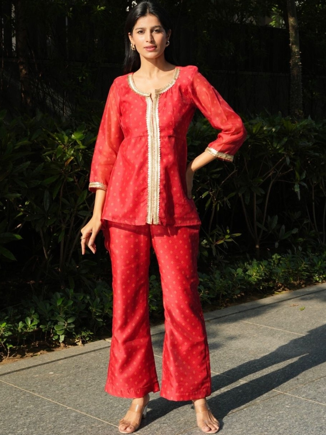 Akaya Rouge Glow V-Neck Top With Trouser Co-Ords