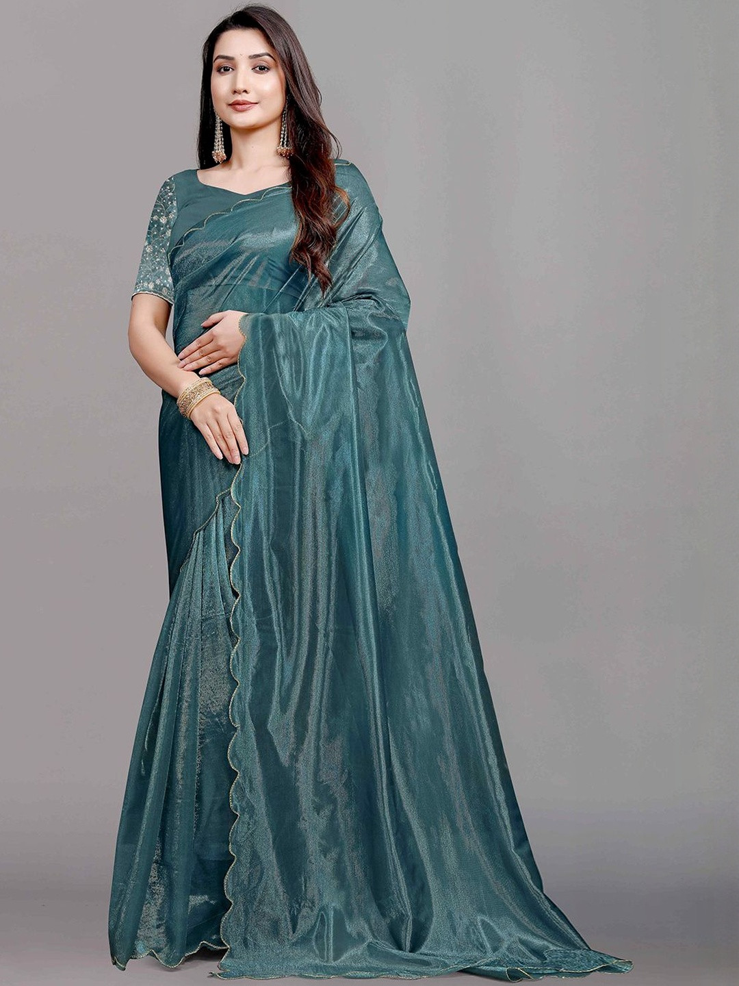 Peachmode Women Scallop Border Net Saree With Blouse Piece