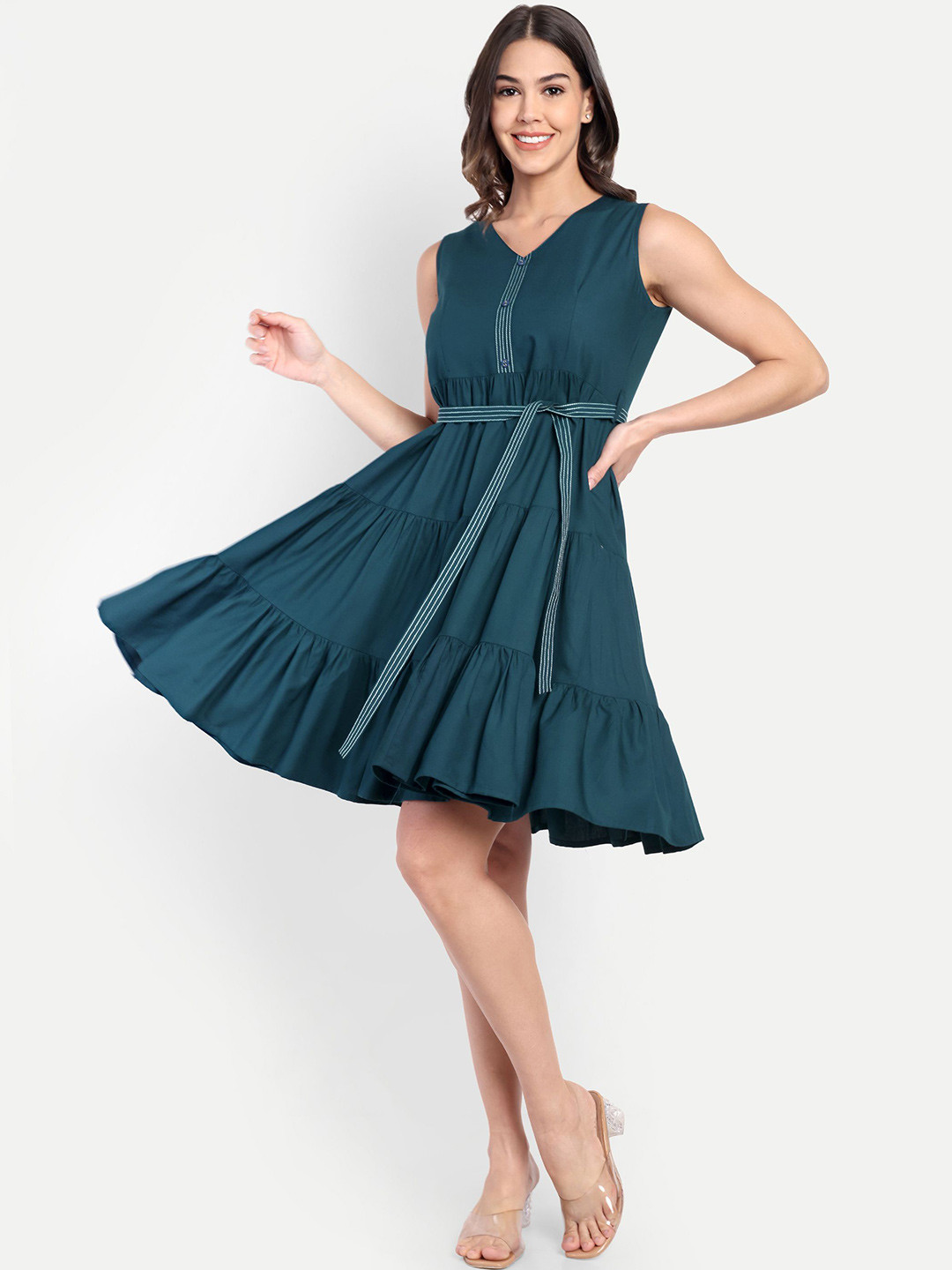 RAISHREE Women Fit & Flare Kantha Work Frock Dress