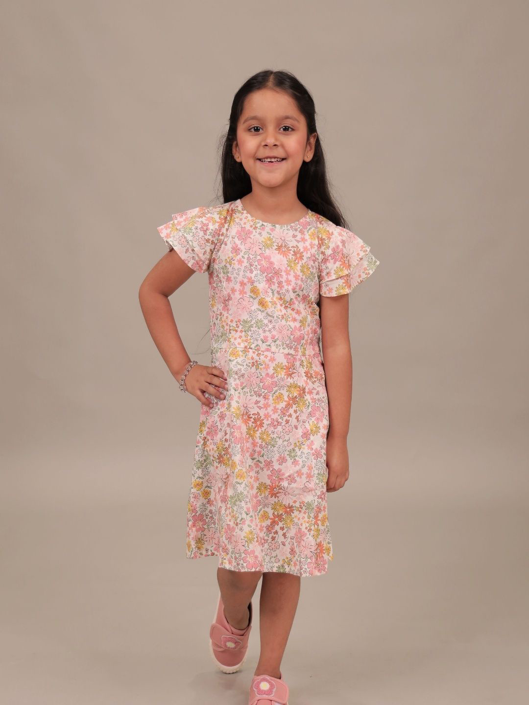 Grit N Groove Floral Print Flutter Sleeve A-Line Dress