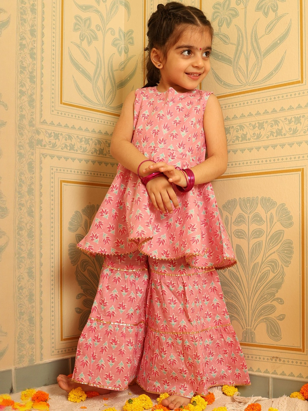 Puddle Fashion Girls Floral Printed Pure Cotton A Line Kurta With Sharara