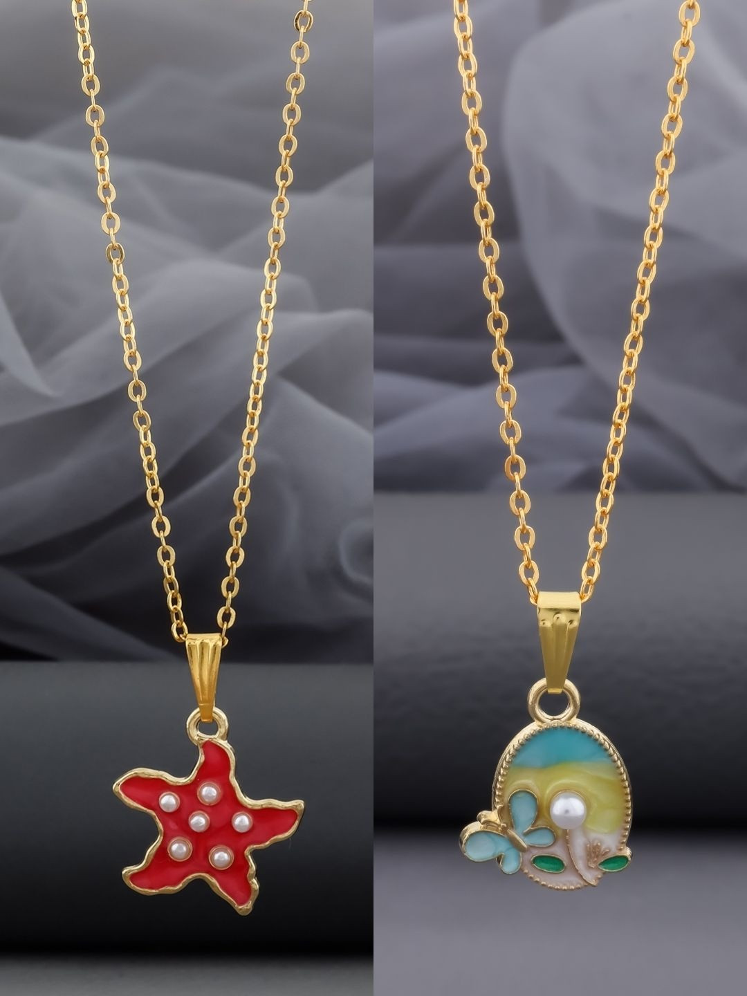 SZN Set Of 2 Stainless Steel Gold-Plated Dolphin Shaped Enamelled Pendants With Chains