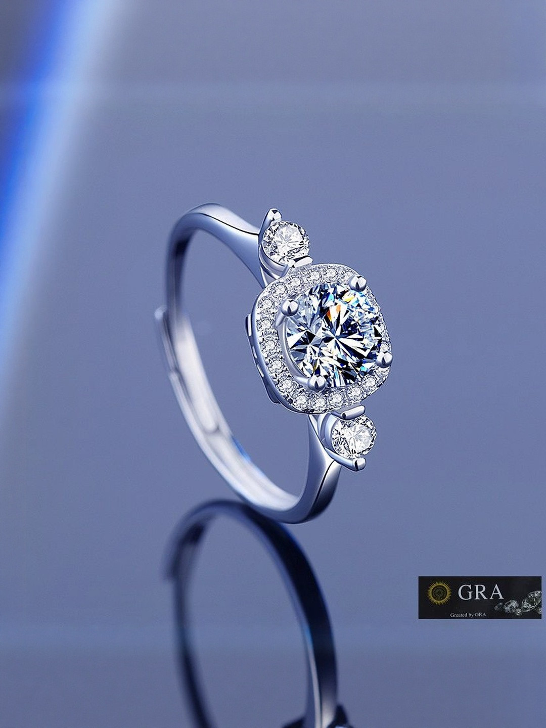 MYSTICFLAVIA Women Moissanite Adjustable Silver Ring