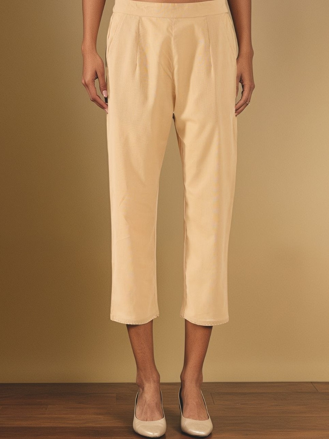 Taneira Women Comfort Mid-Rise Pleated Pure Cotton Trousers