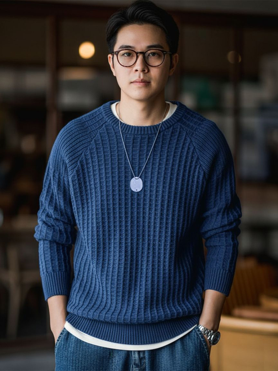 fashlook Men Waffle Round Neck Long Sleeves Woollen Pullover