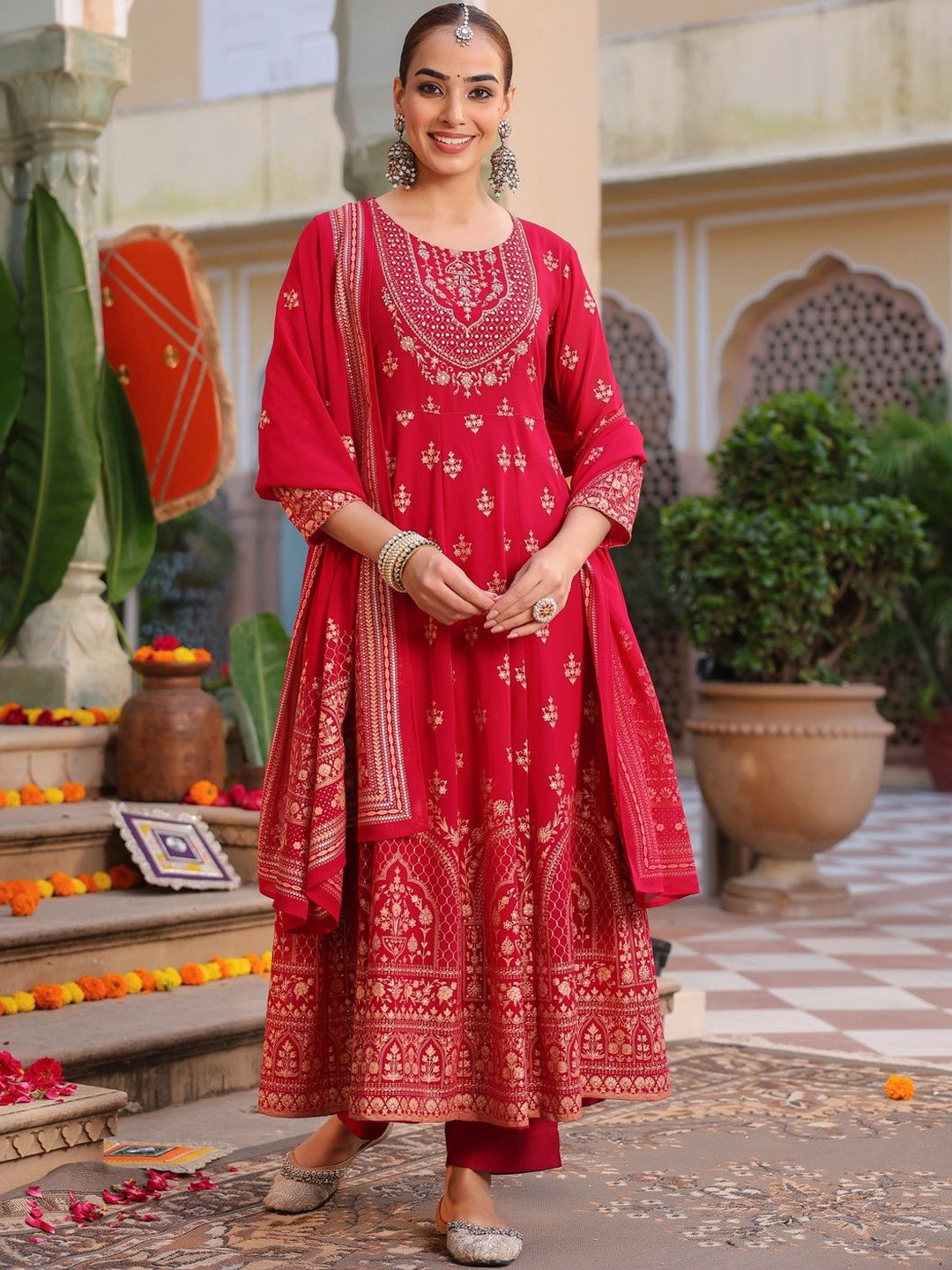 Rain & Rainbow Ethnic Motifs Printed Kurta Trouser Set With Dupatta