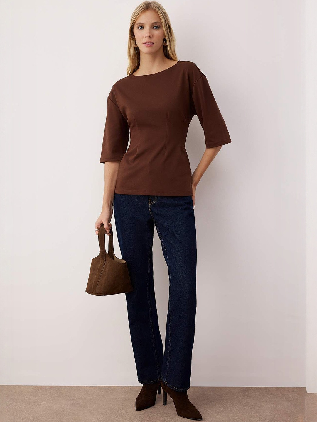 Trendyol Women Solid Boat Neck Dropped Shoulders Waisted Regular Top