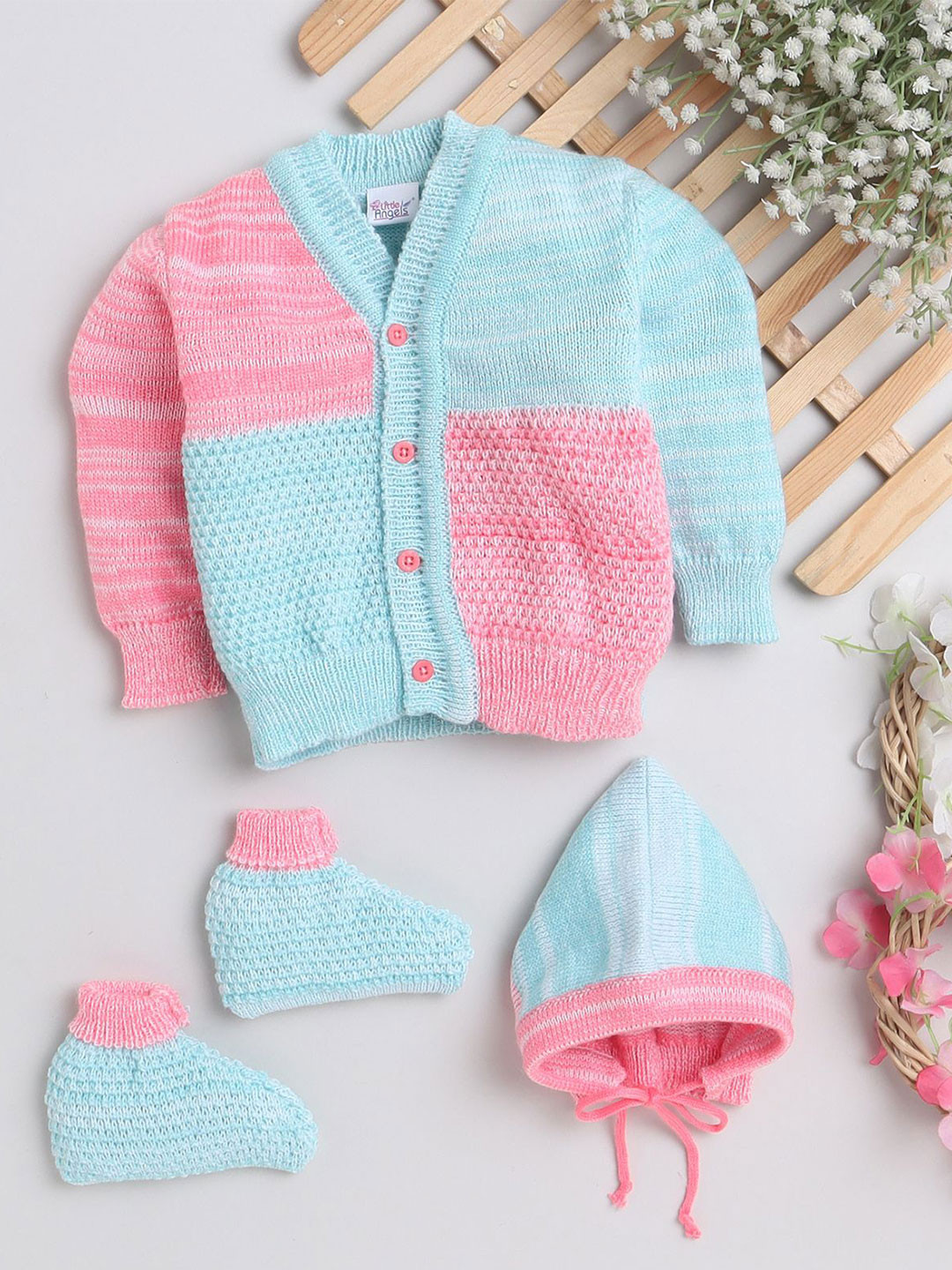 Little Angels Unisex Baby Colourblocked Woollen Cardigan Sweaters With Cap and Socks Set