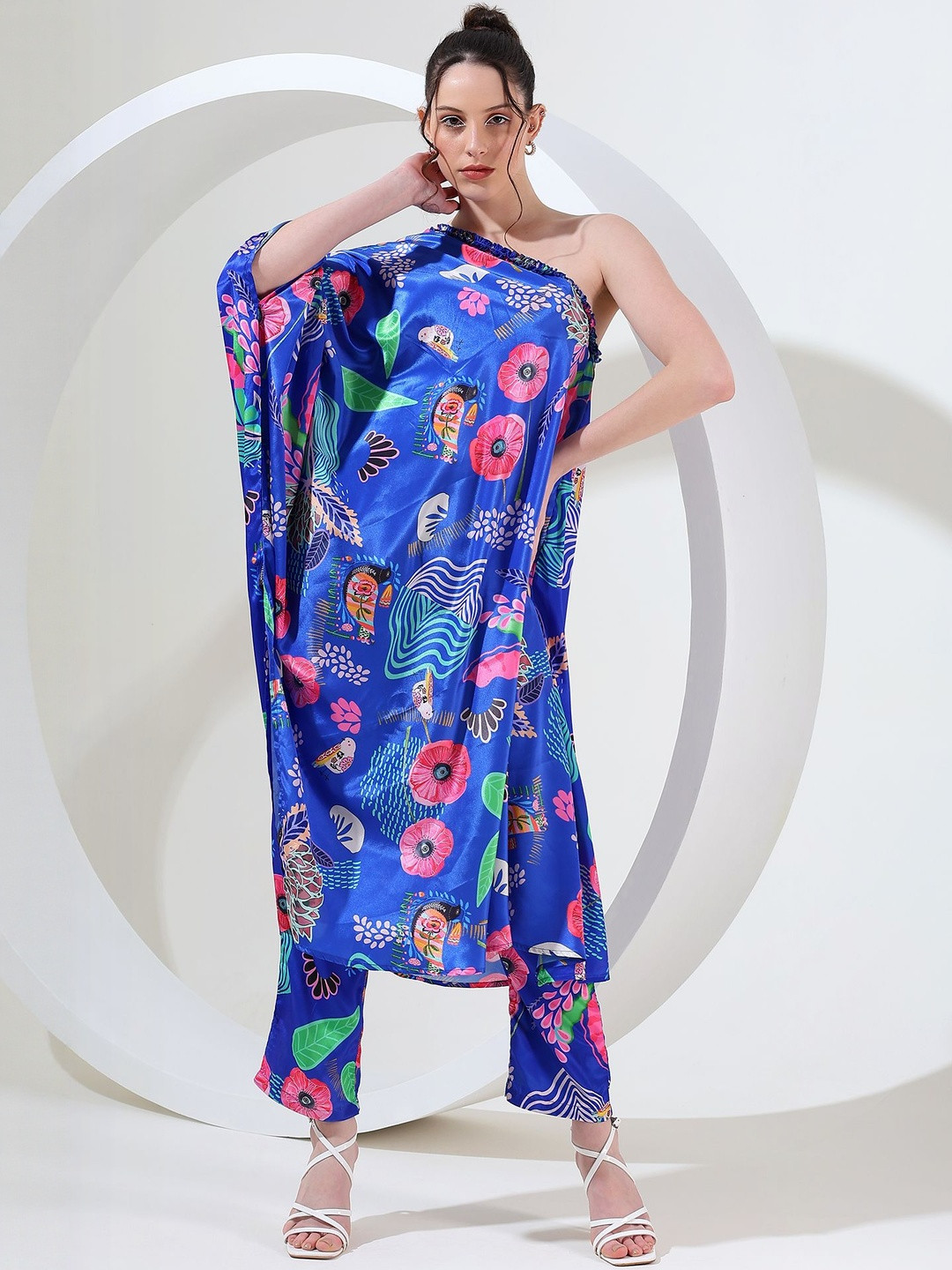 House of Kaftan Printed Pure Silk One Shoulder Tunic With Trouser