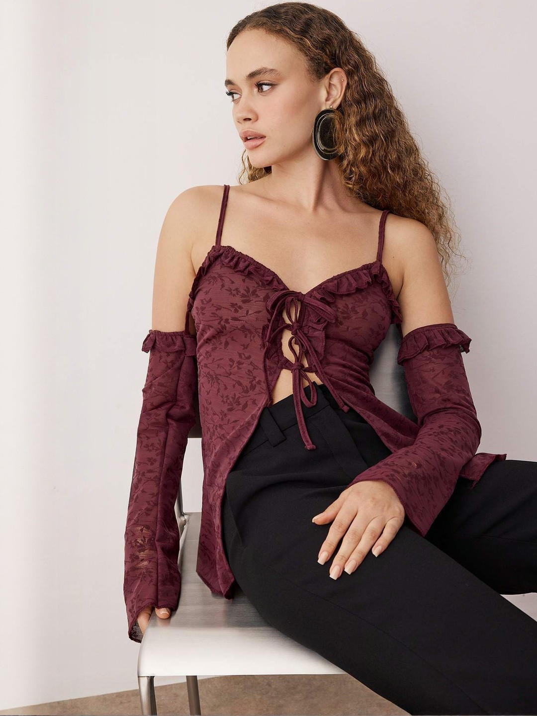 Trendyol Women Tie-Ups Ruffles Shoulder Straps Long Sleeves Top