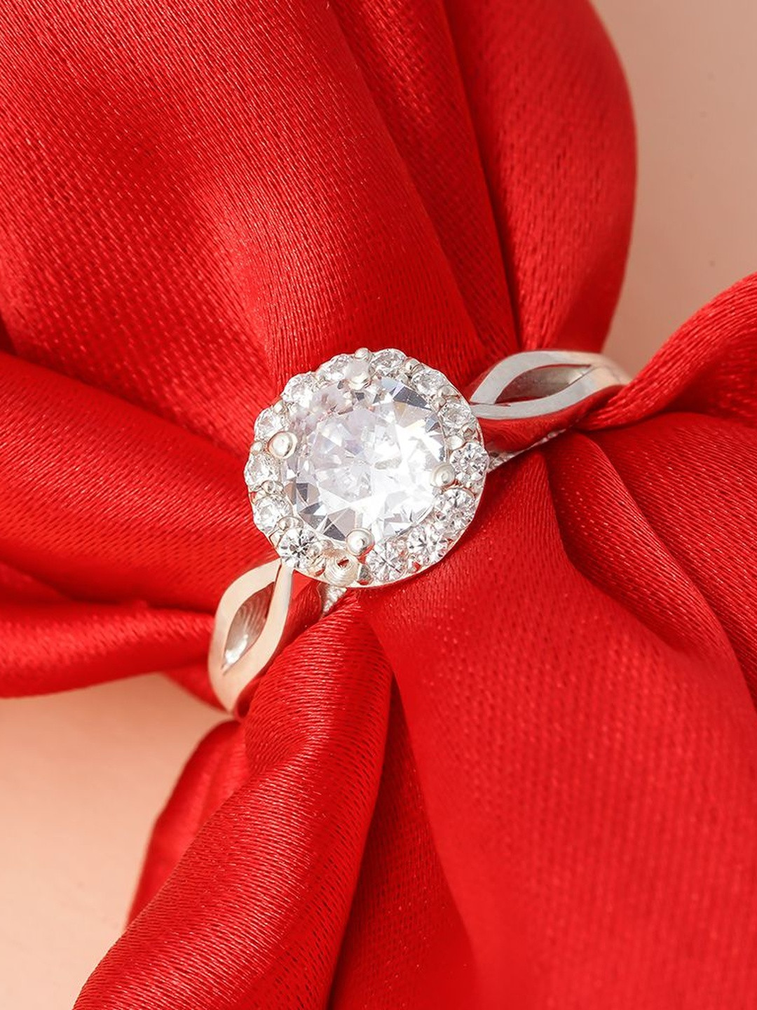 Zalkari Silver Rhodium-Plated American Diamond-Studded Adjustable Finger Ring