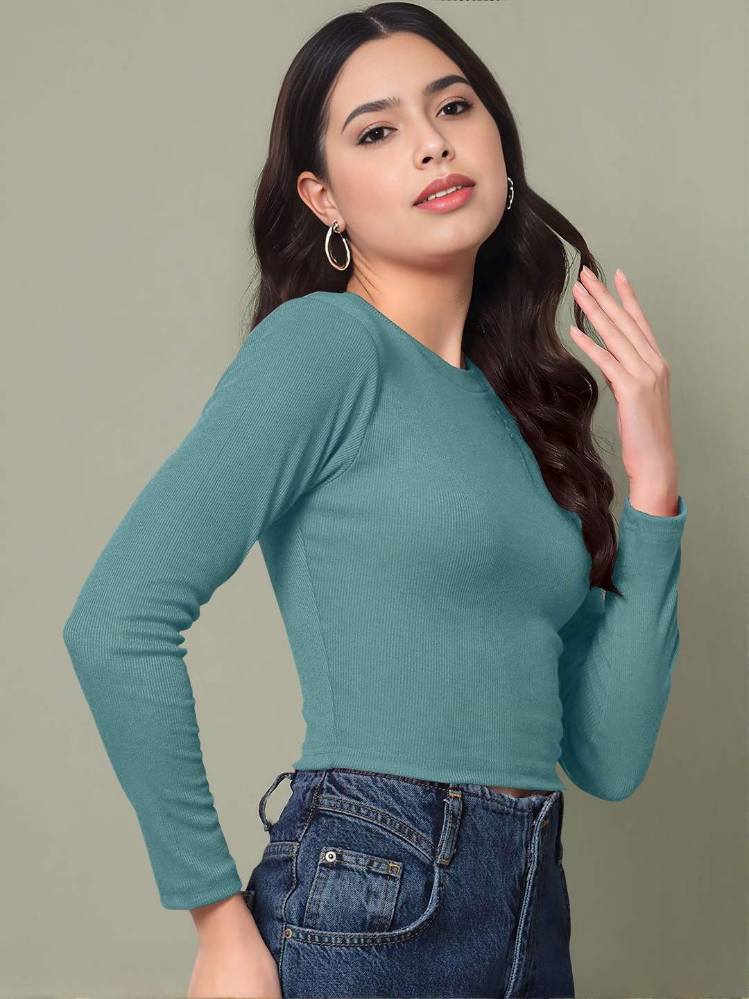 Teal Ribbed Round Neck Long Sleeves Crop Top