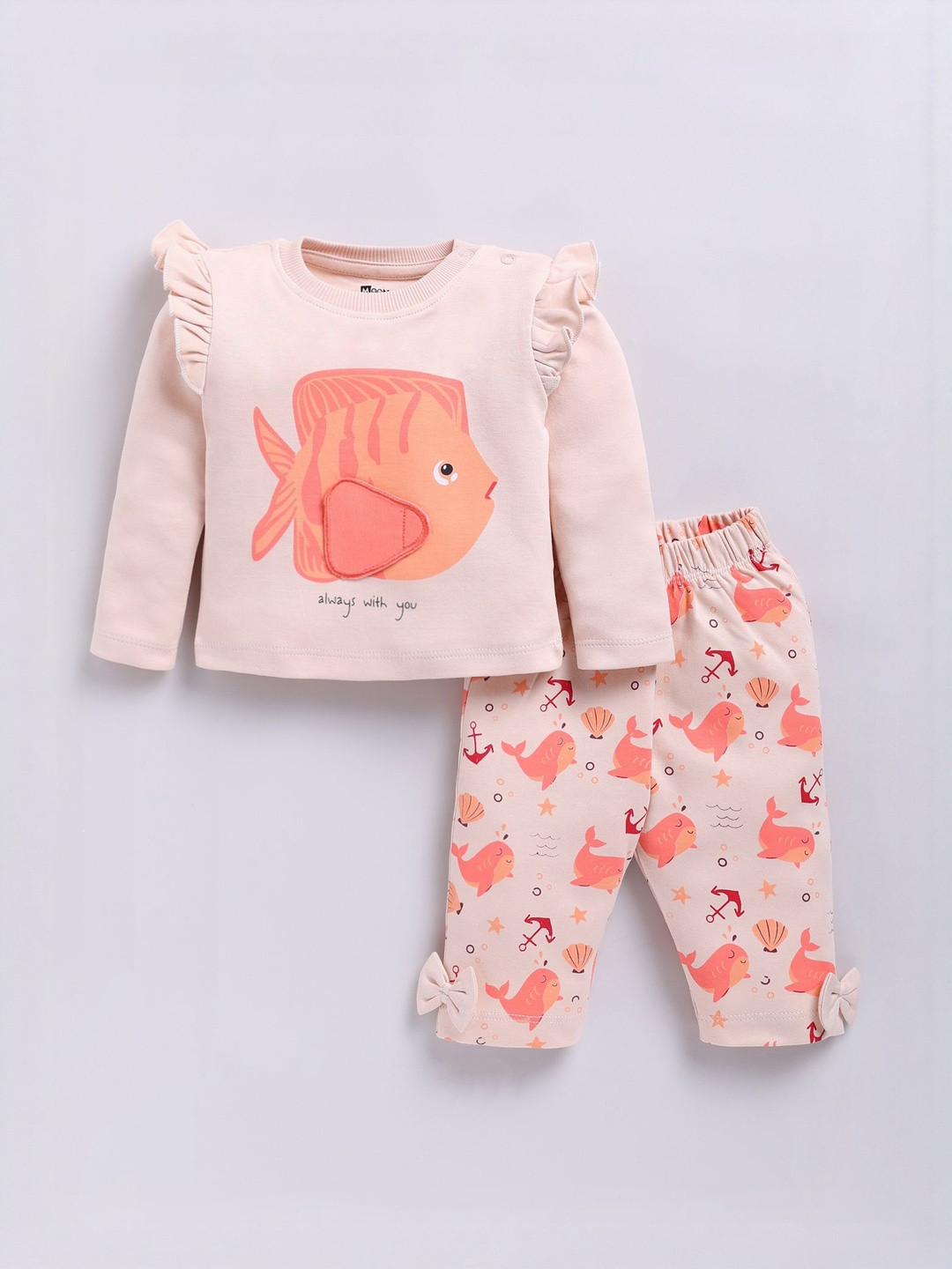 MooNKids Kids Fish Applique Round Neck Pure Cotton Top with Pyjamas