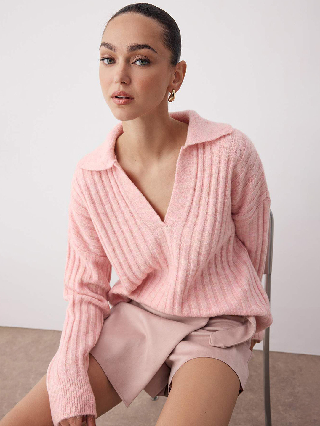 Trendyol Women Ribbed Shirt Collar Long Sleeves Pullover