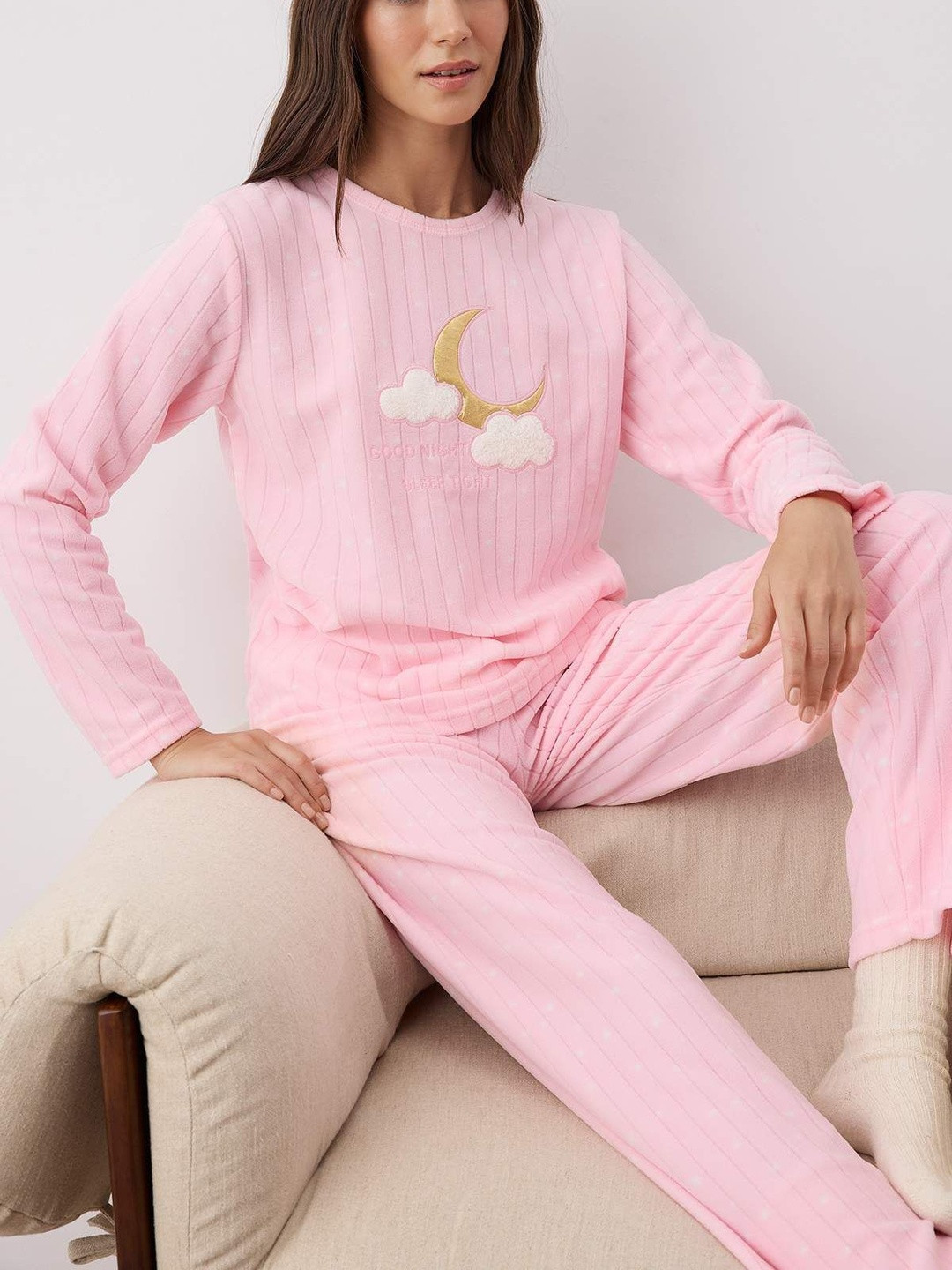 Trendyol Women Self Design Striped T-shirt & Pyjamas Night suit