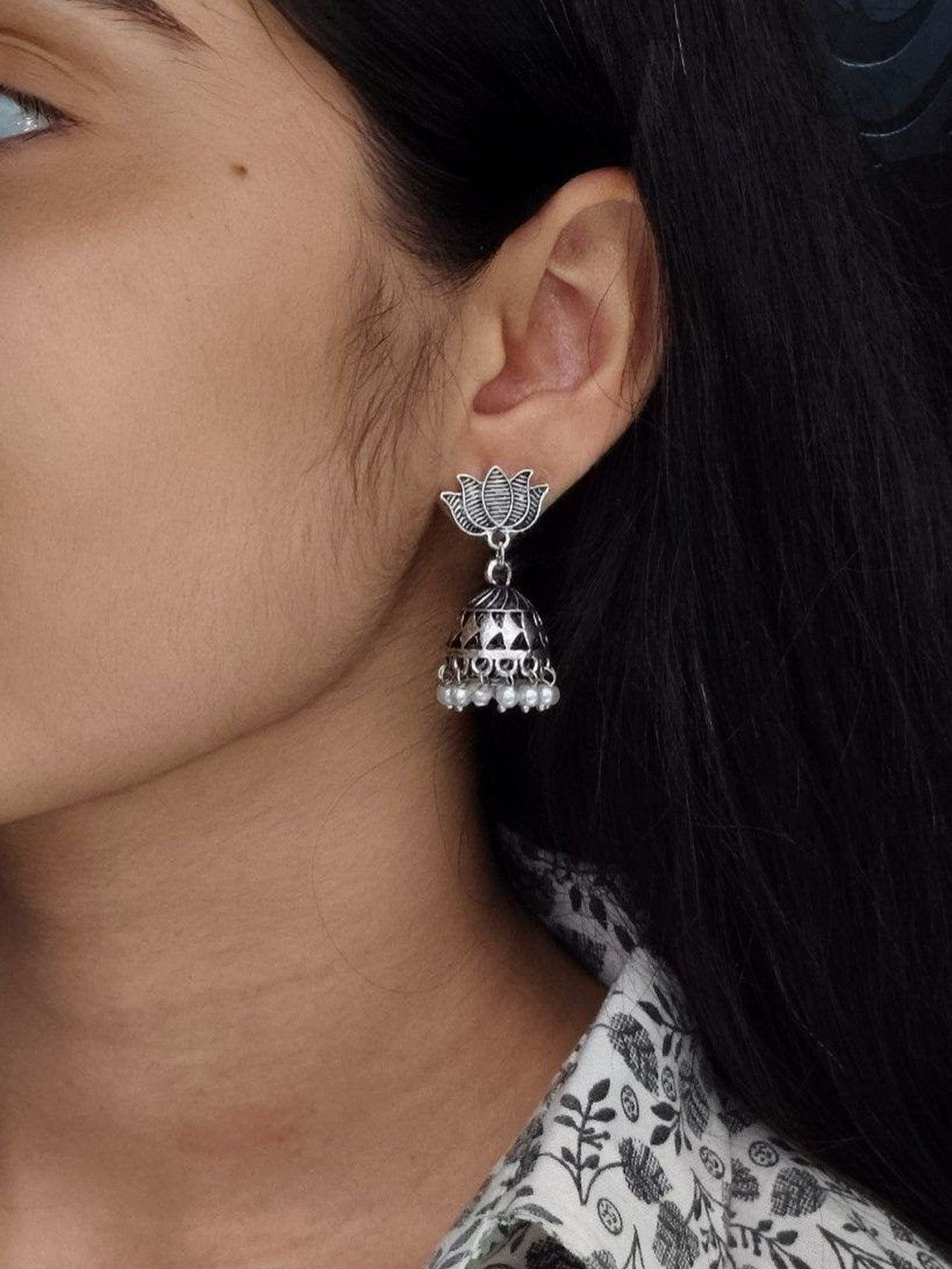 Hardin Style German Silver-Plated Pearls Beaded Dome Shaped Oxidised Jhumkas