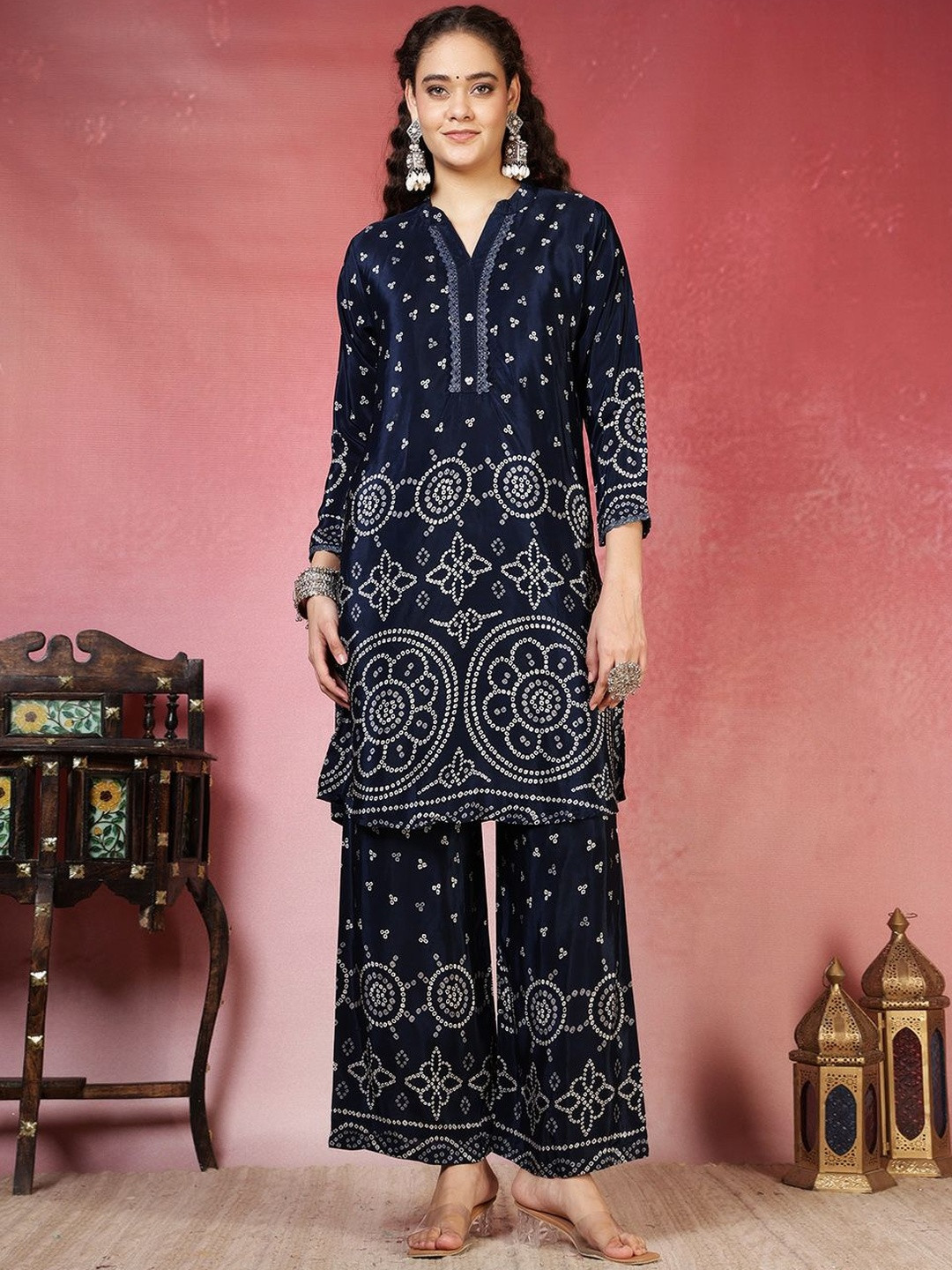 Meena Bazaar Ethnic Motifs Printed Notch Neck Straight Kurta With Palazzos