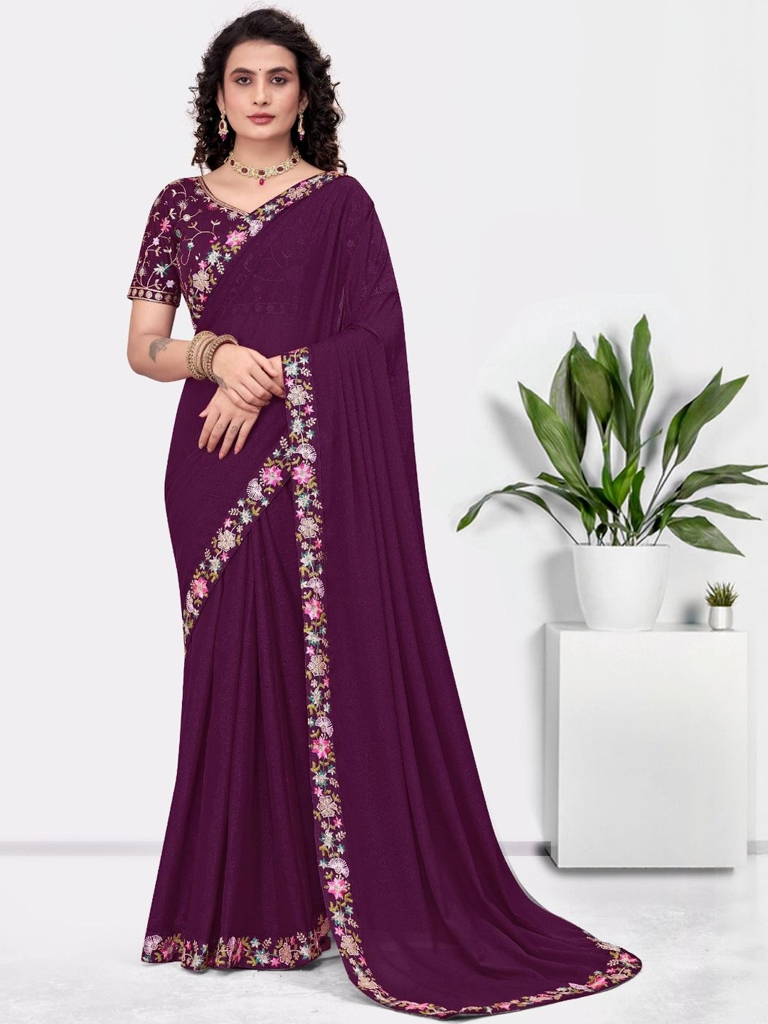 MODEHEAVEN Floral Embroidered Silk Cotton Saree With Blouse Piece