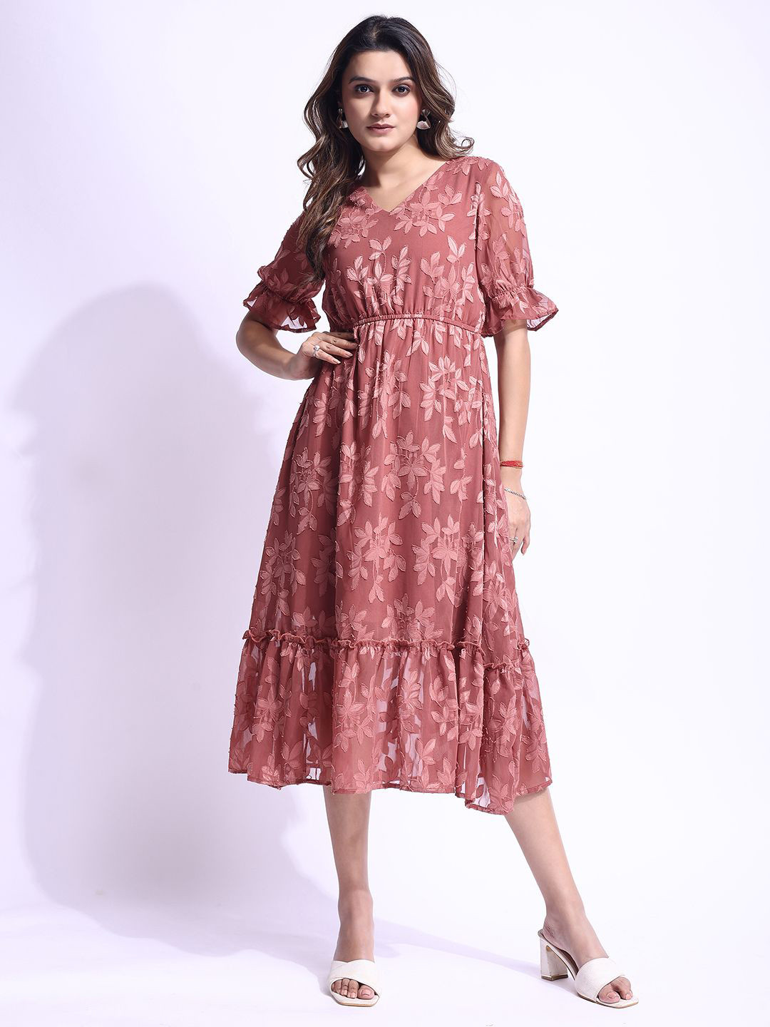 Murcia Floral Puff Sleeve Ruffled Jacquard A-Line Midi Dress