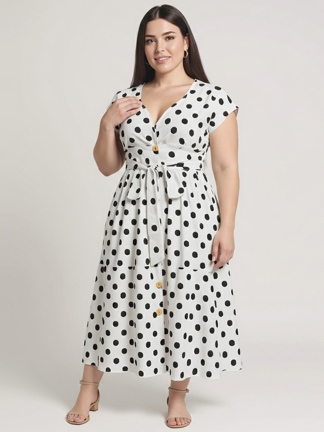 DressBerry Curve Polka Dot Printed Tie-Ups Short Sleeves Shirt Maxi Dress