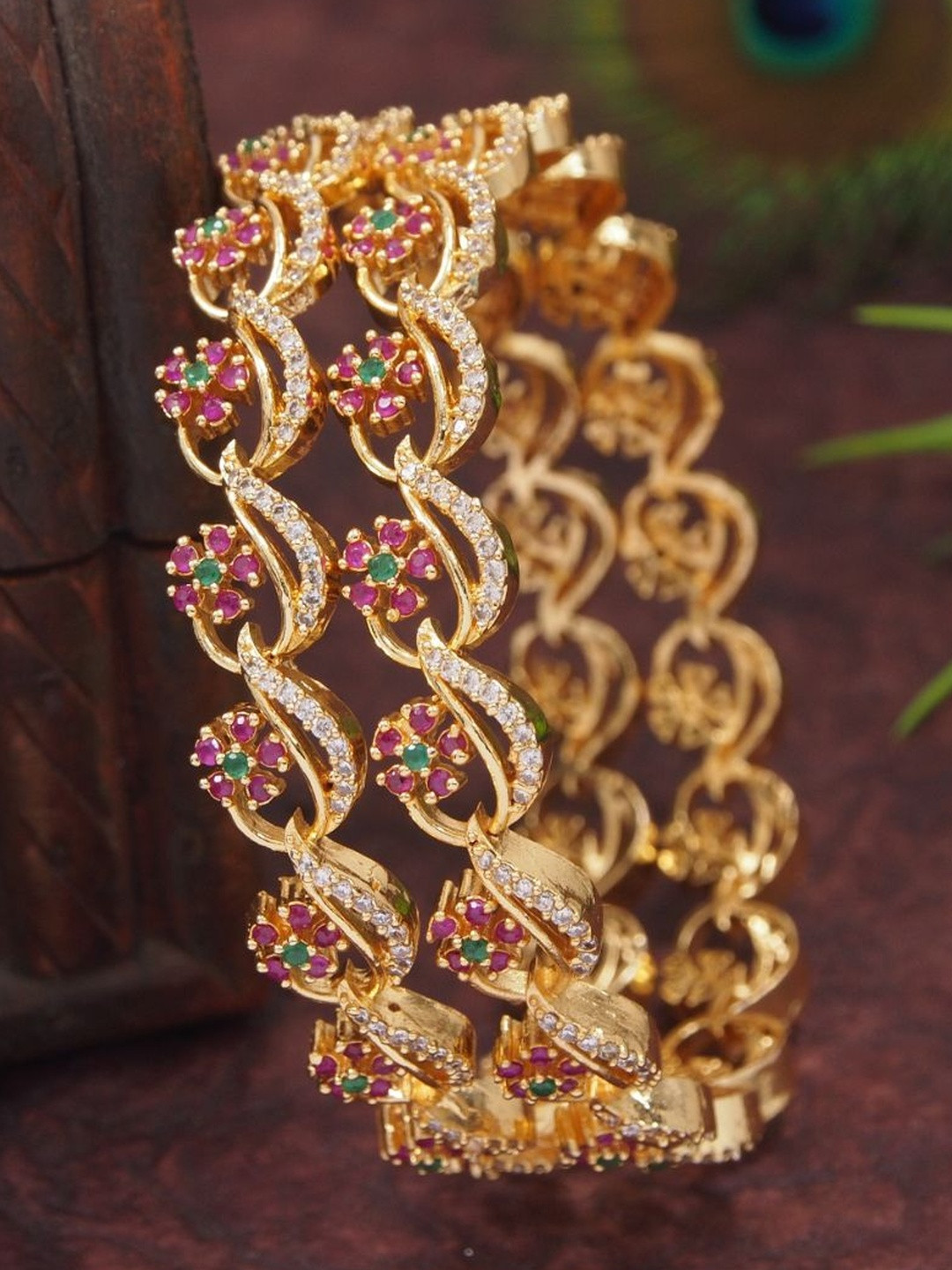 SGA FASHION Set Of 2 Gold-Plated Floral Design Cubic Zircon Stone Studded Bangles