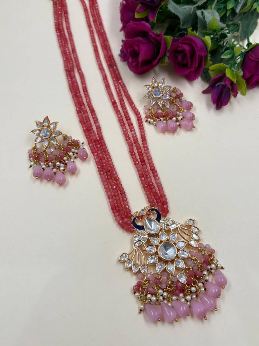 Gehna By Beadazzled Gold-Plated Kundan Studded & Pearl Beaded Long Polki Jewellery Set